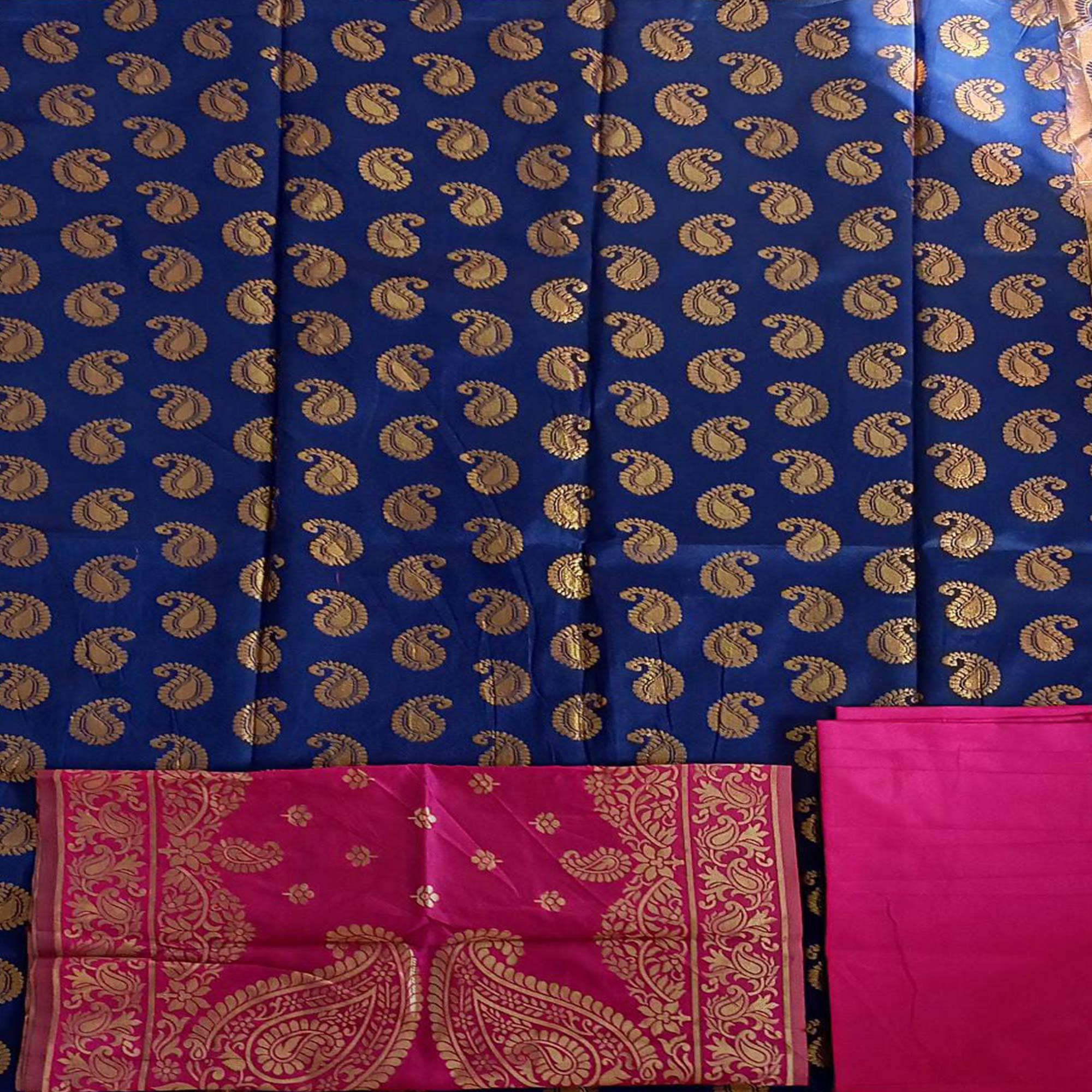 Navy Blue Casaul Wear Woven Banarasi Silk Dress Material - Peachmode