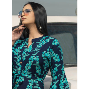 Navy Blue Casual Ankle Length Printed Rayon Gown With Belt - Peachmode