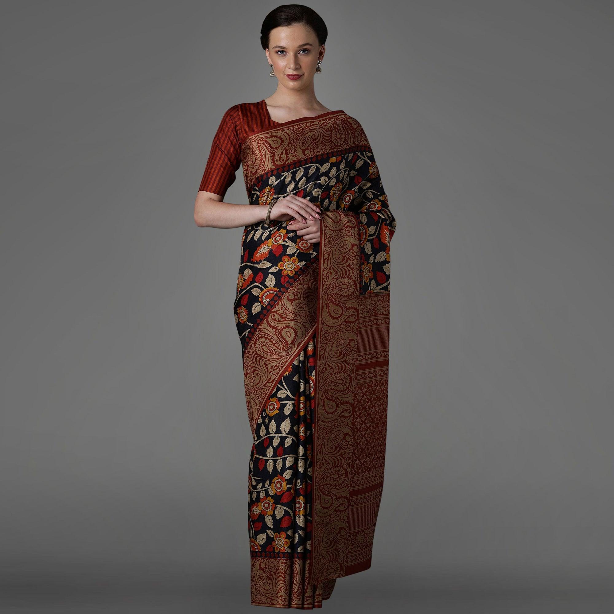 Navy Blue Casual Art Silk Printed Saree With Unstitched Blouse - Peachmode