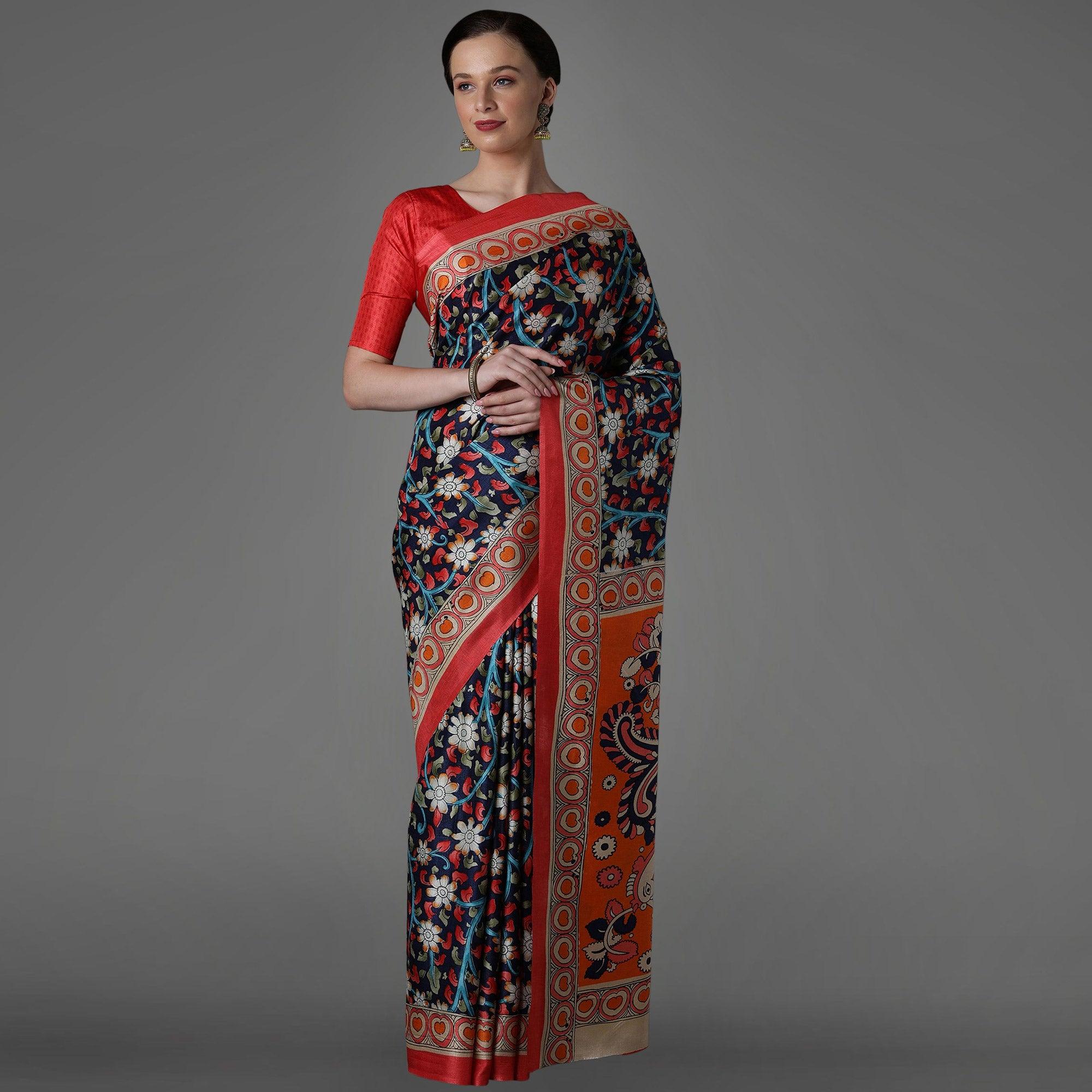 Navy Blue Casual Art Silk Printed Saree With Unstitched Blouse - Peachmode