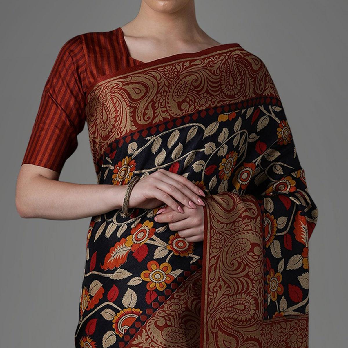 Navy Blue Casual Art Silk Printed Saree With Unstitched Blouse - Peachmode