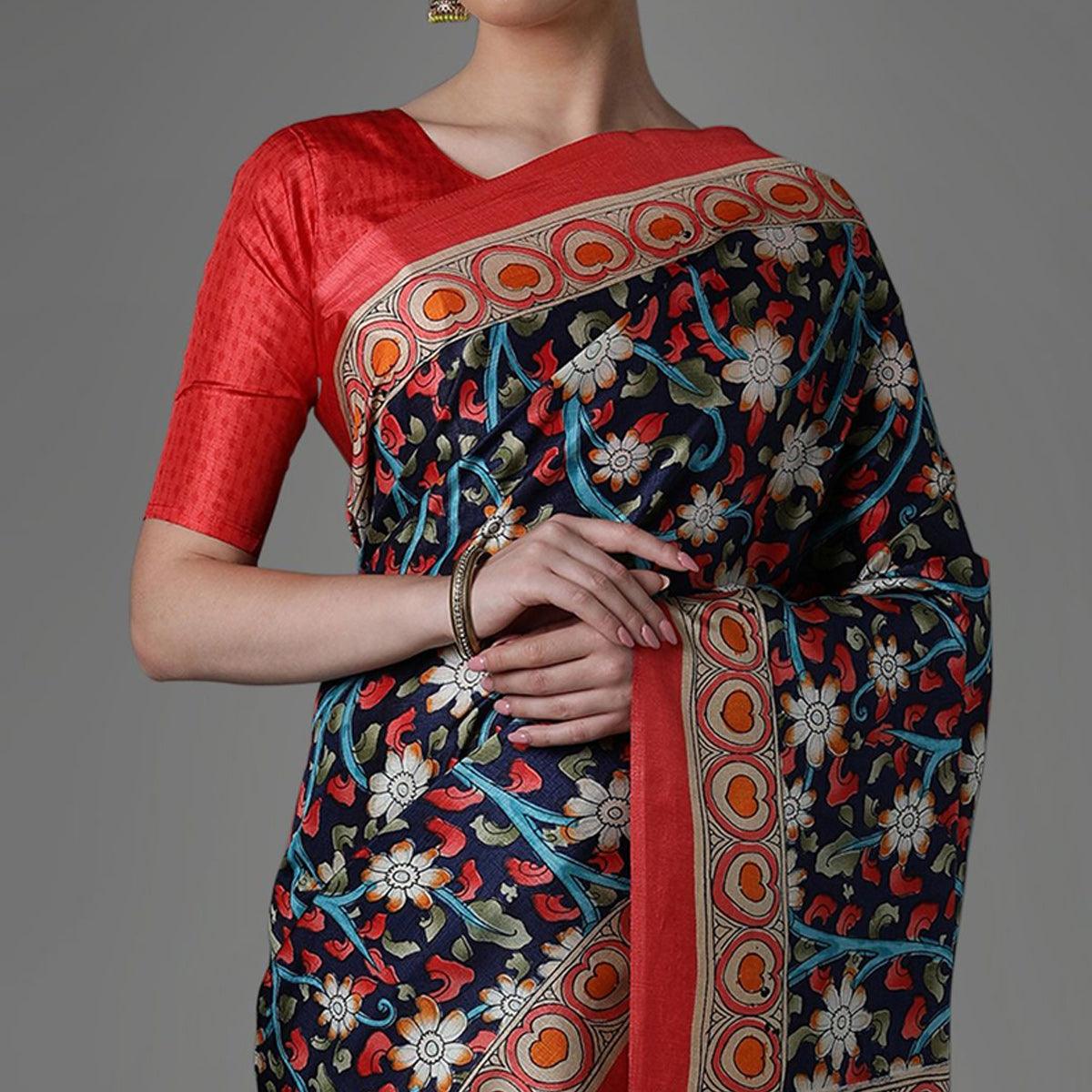 Navy Blue Casual Art Silk Printed Saree With Unstitched Blouse - Peachmode