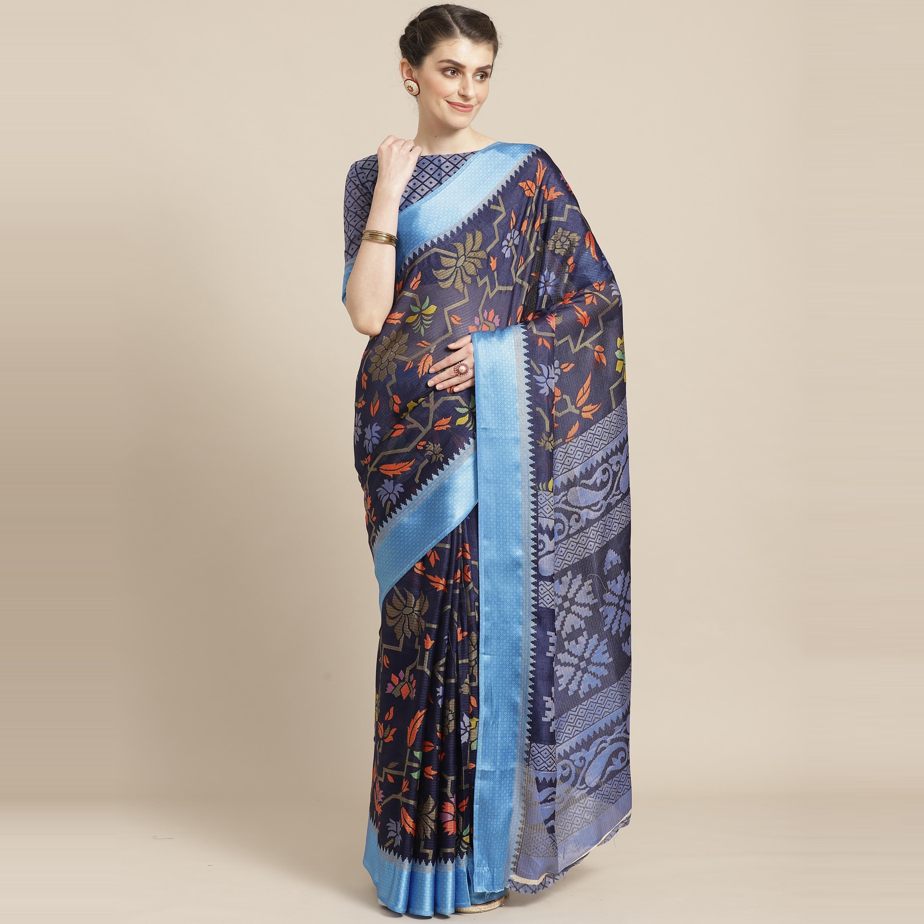 Navy Blue Casual Brasso Printed Saree With Unstitched Blouse - Peachmode