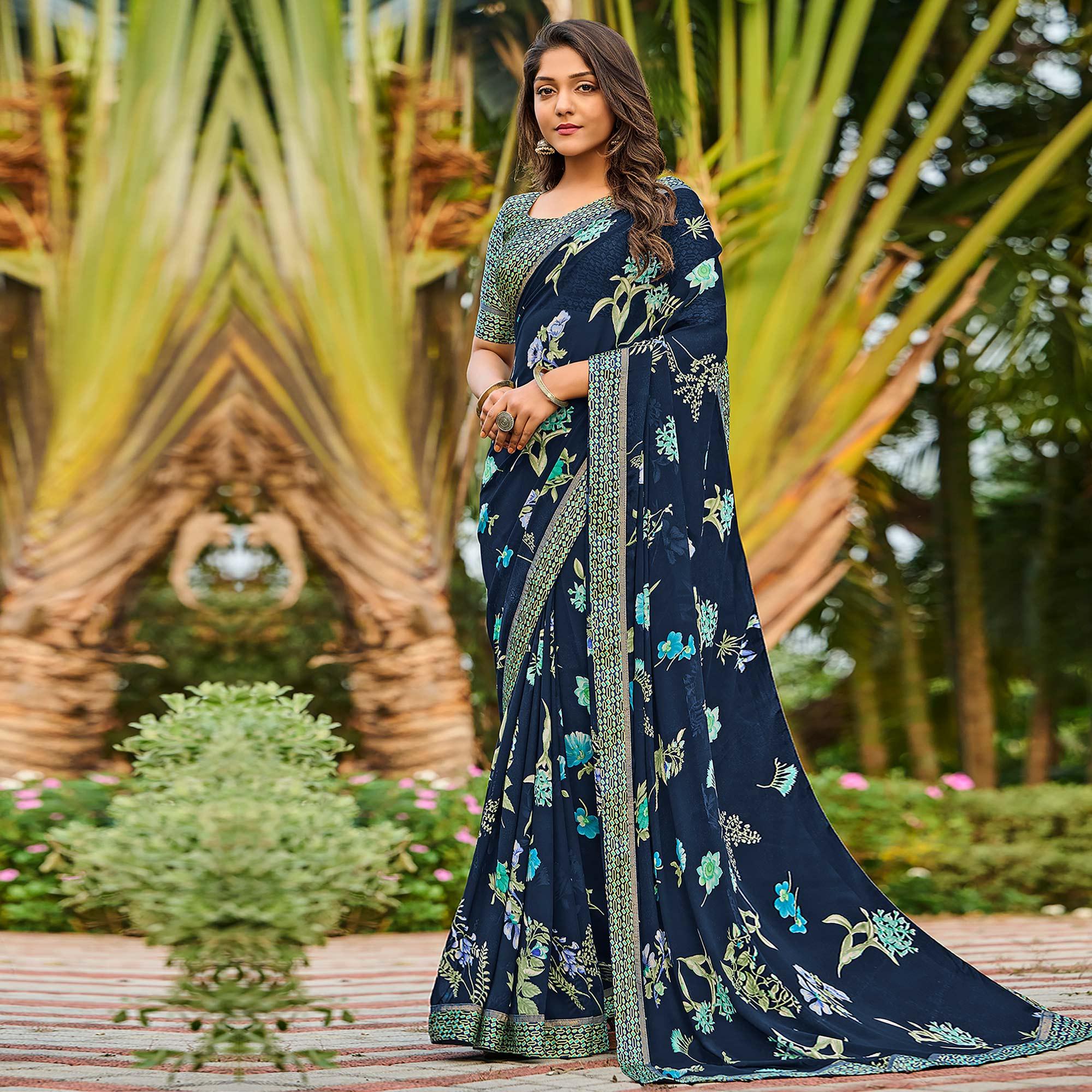 Navy Blue Casual Floral Printed Georgette Saree - Peachmode