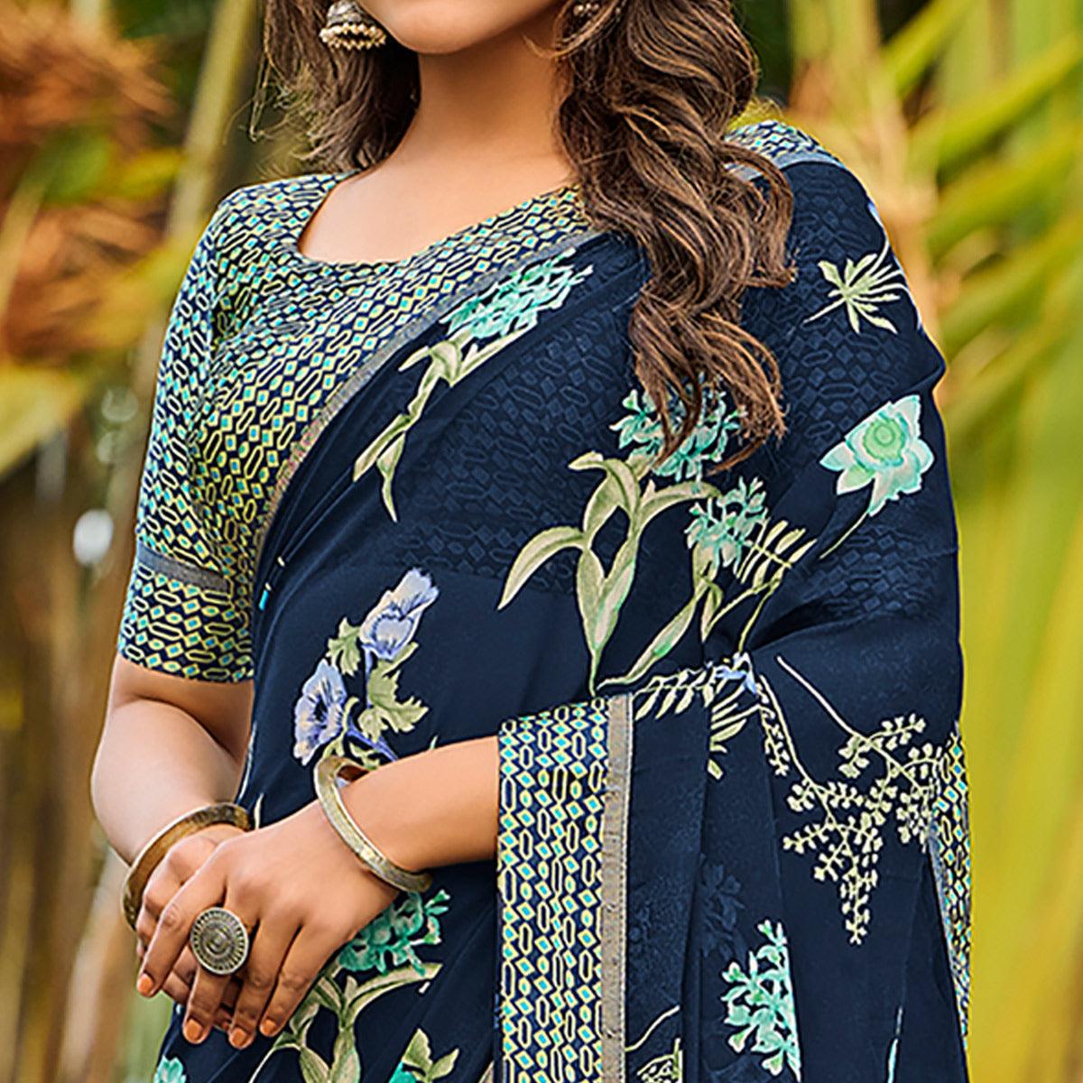 Navy Blue Casual Floral Printed Georgette Saree - Peachmode
