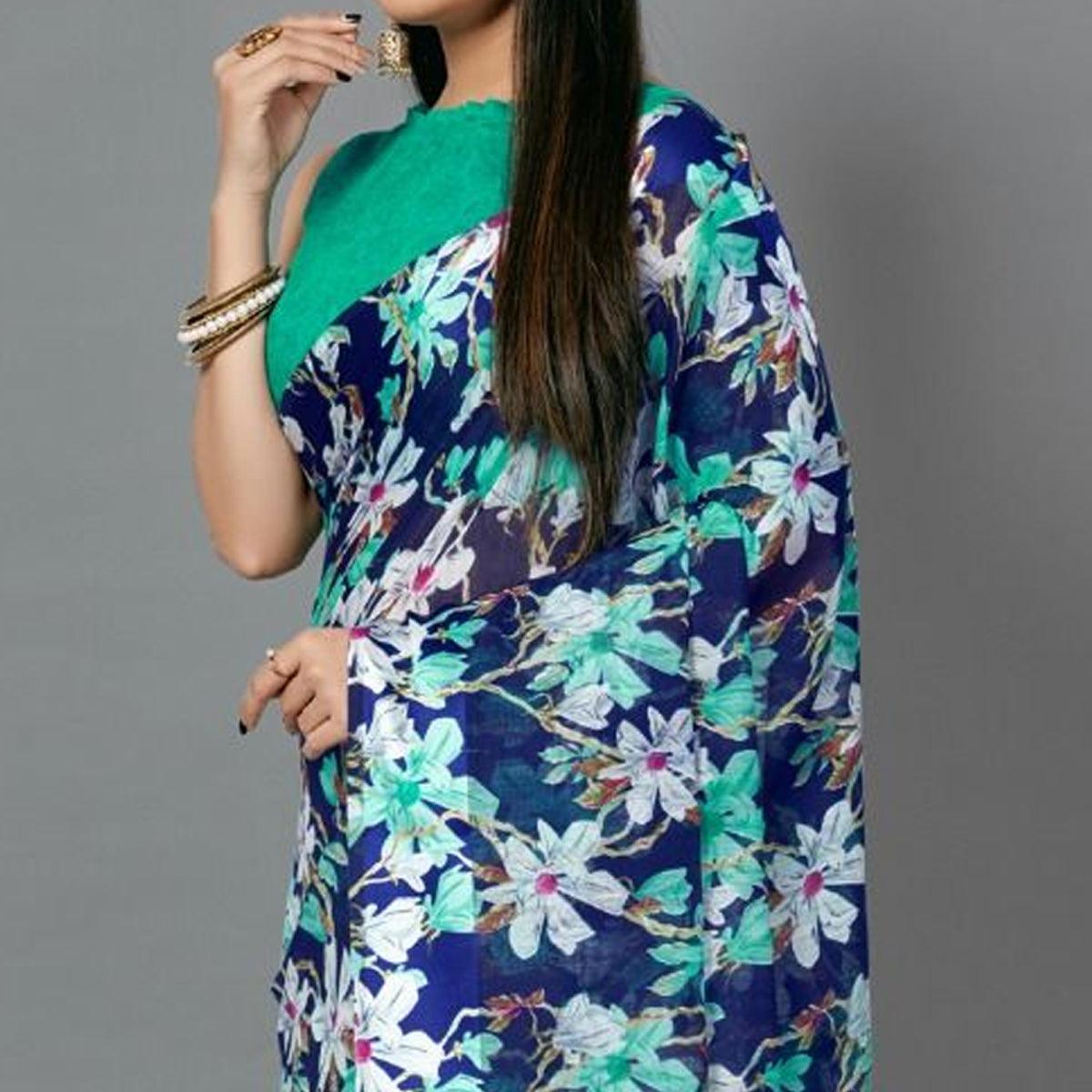 Navy Blue Casual Linen Printed Saree With Unstitched Blouse - Peachmode
