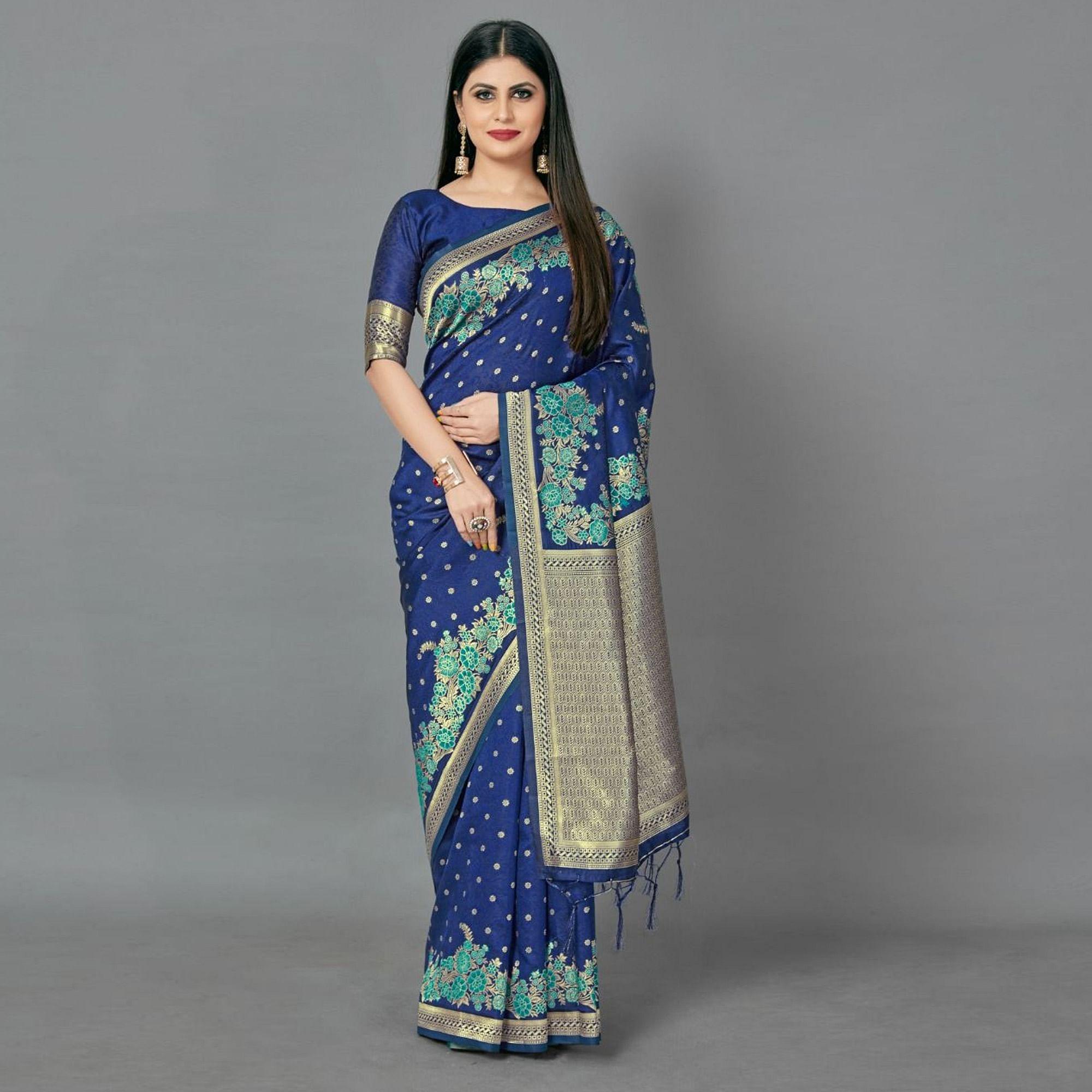 Navy Blue Casual Silk Blend Printed Saree With Unstitched Blouse - Peachmode