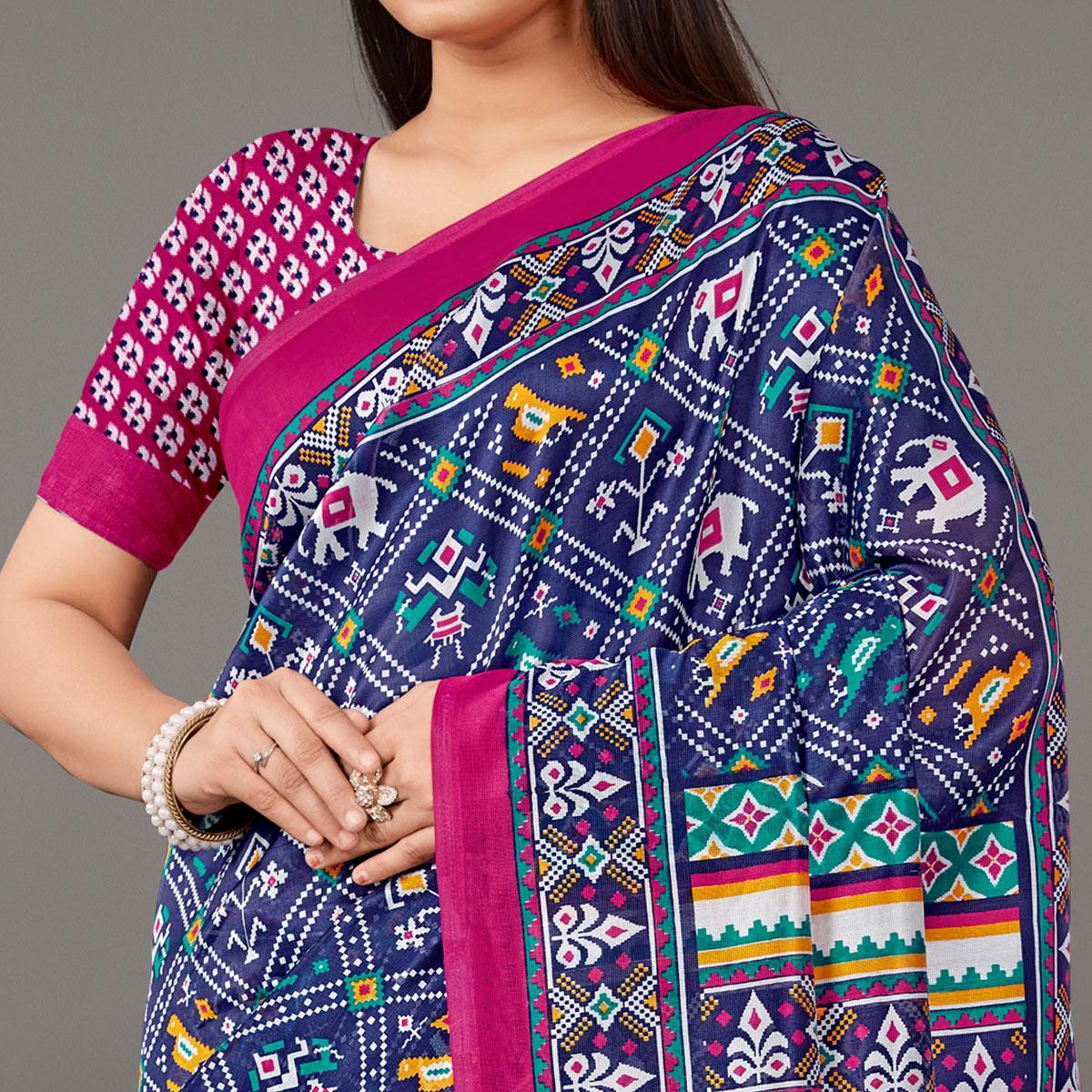 Navy Blue Casual Wear Animal Printed Art Silk Saree - Peachmode