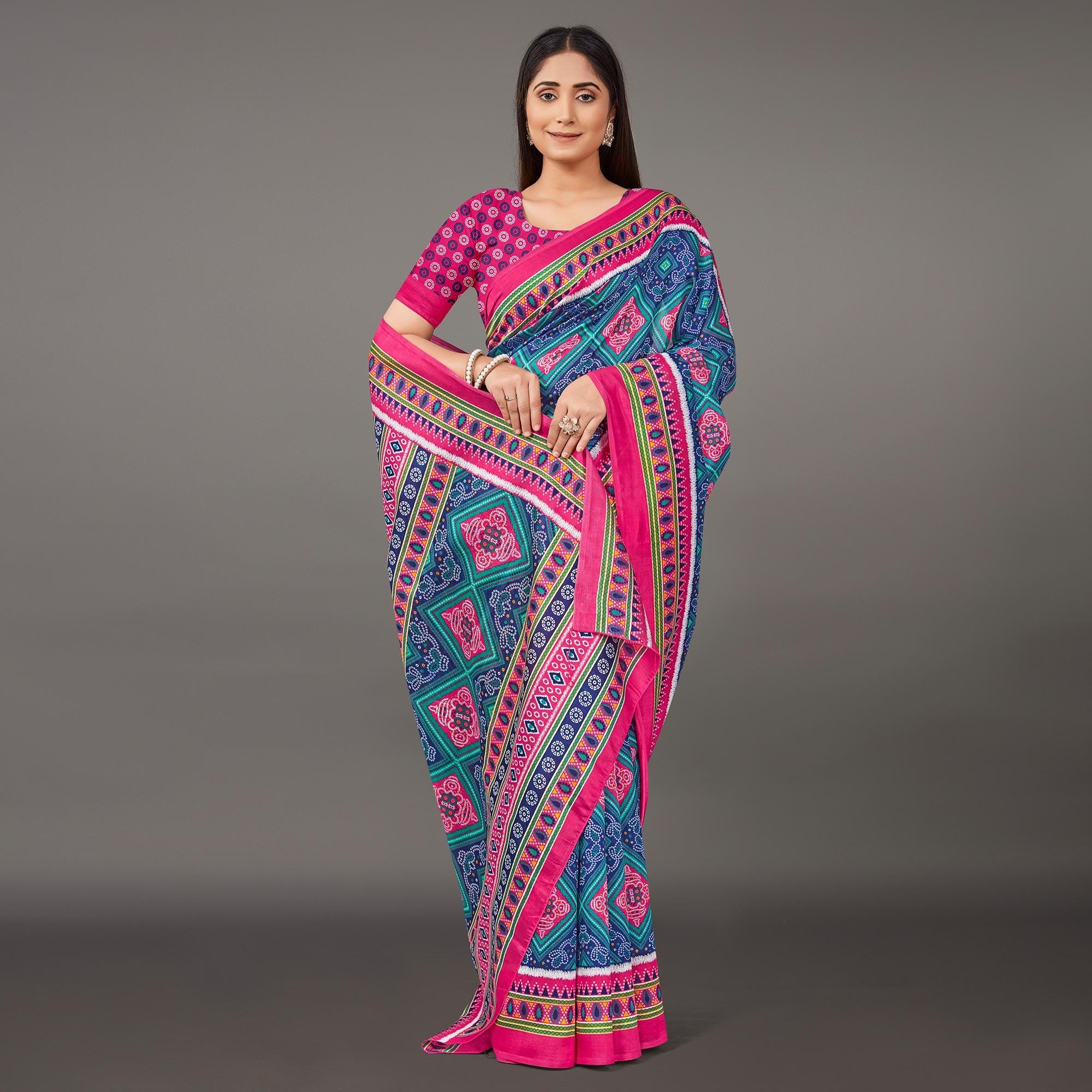 Navy Blue Casual Wear Bandhani Printed Art Silk Saree - Peachmode