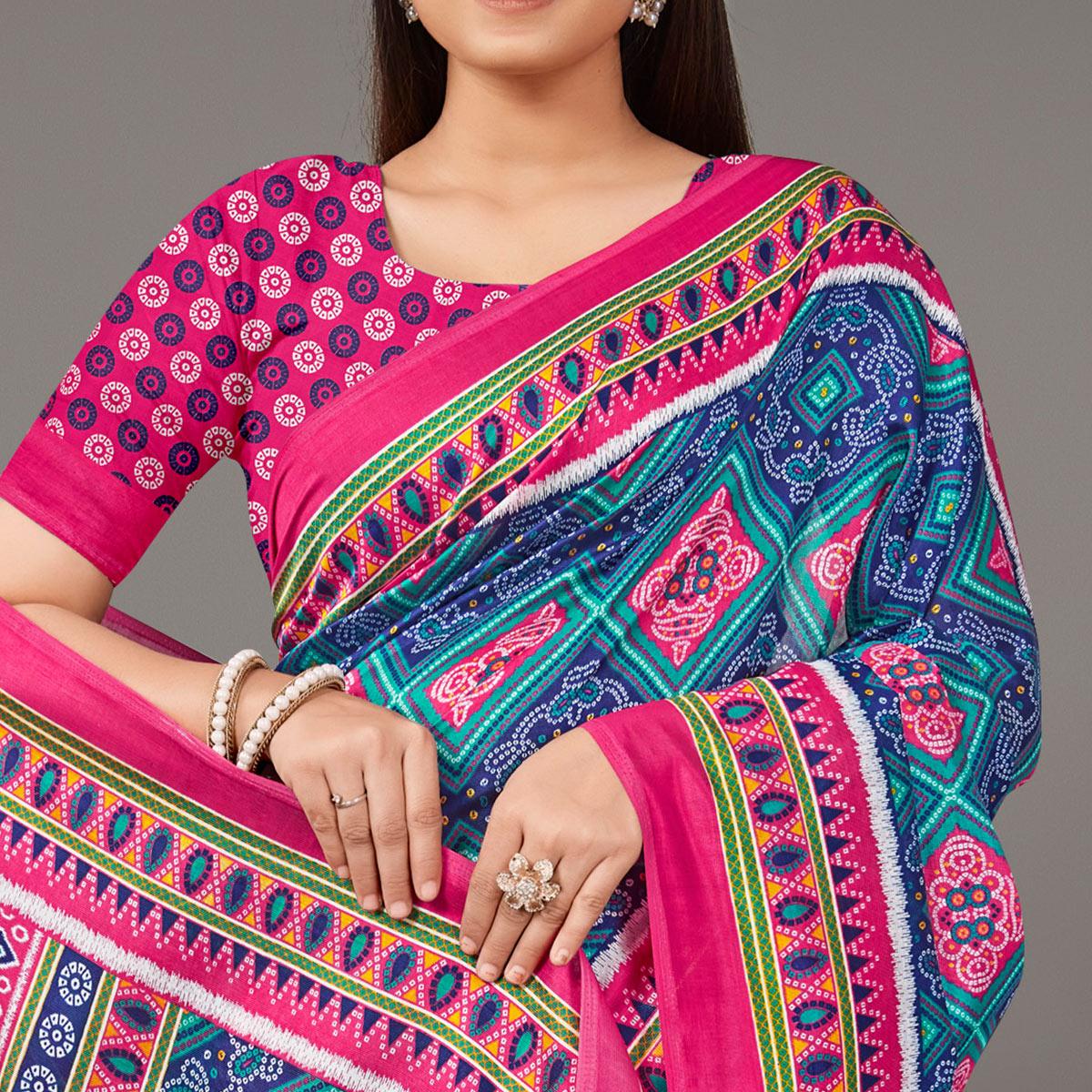 Navy Blue Casual Wear Bandhani Printed Art Silk Saree - Peachmode