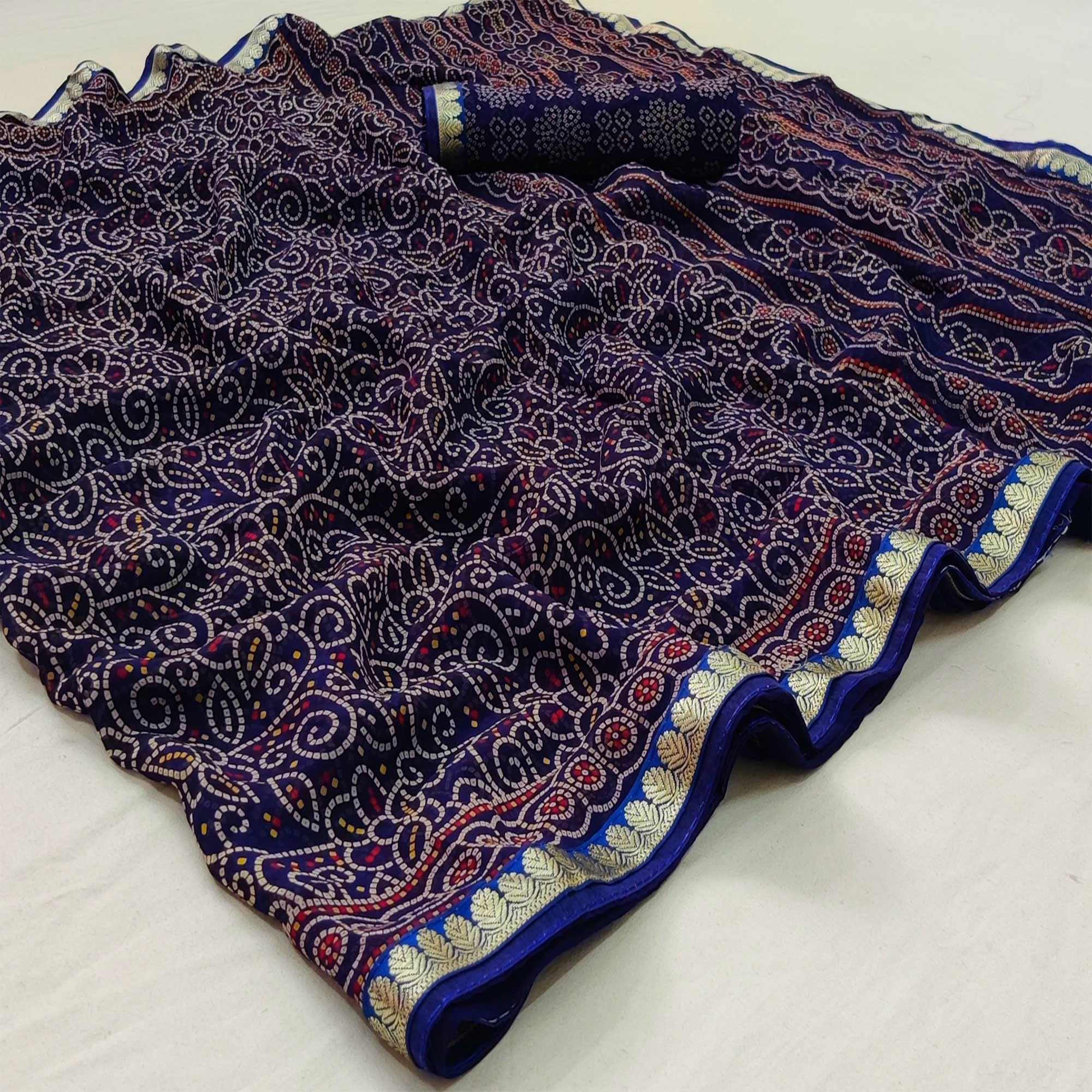 Navy Blue Casual Wear Bandhani Printed Soft Georgette Saree With Fancy Border - Peachmode