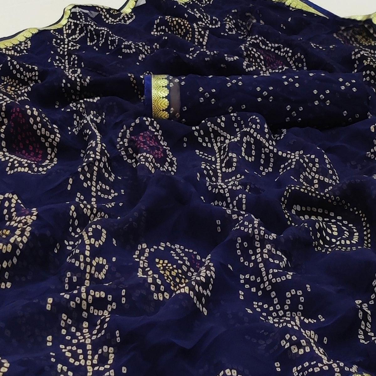 Navy Blue Casual Wear Bandhani Printed Soft Georgette Saree With Fancy Border - Peachmode