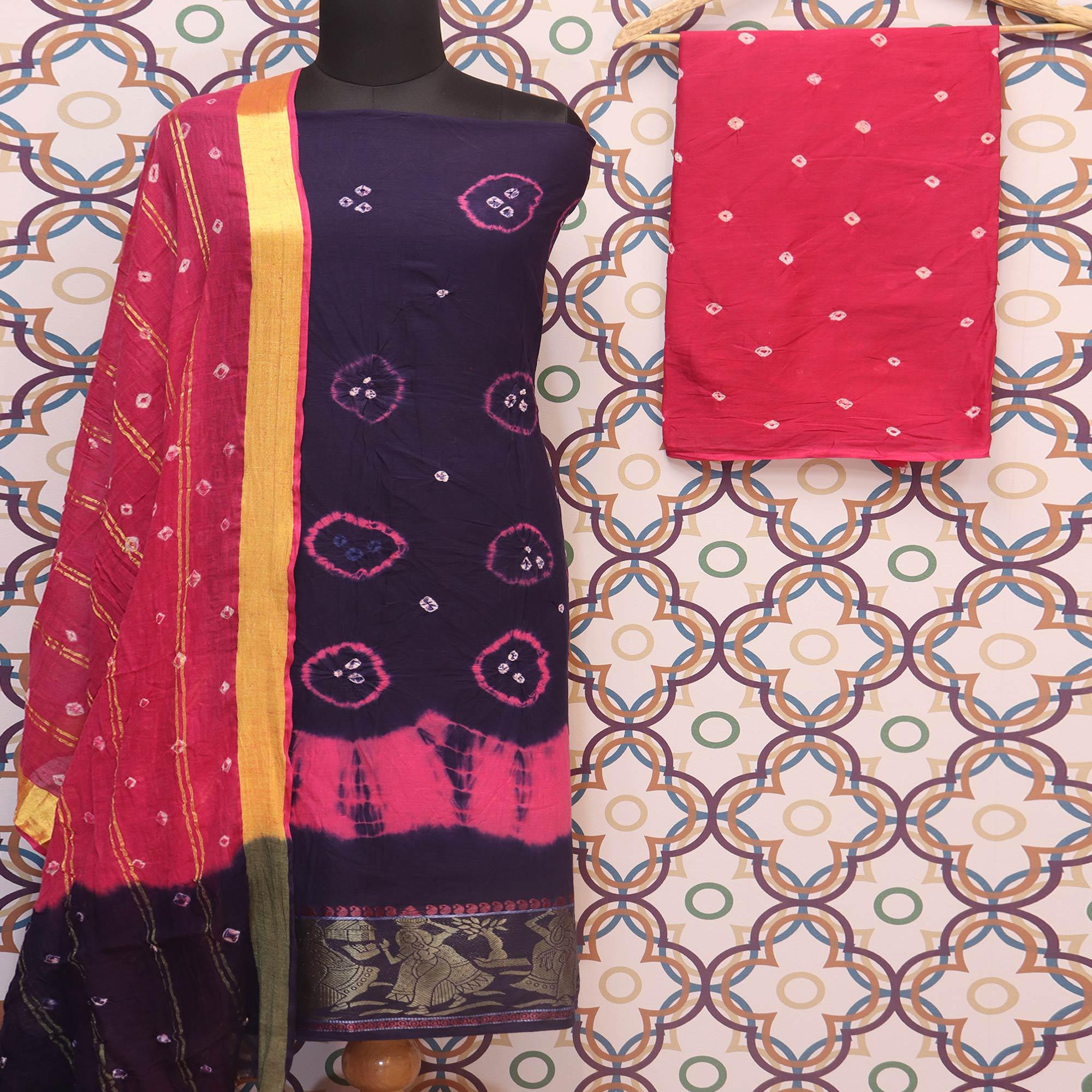 Navy Blue Casual Wear Bandhej And Woven Pure Cotton Dress Material - Peachmode
