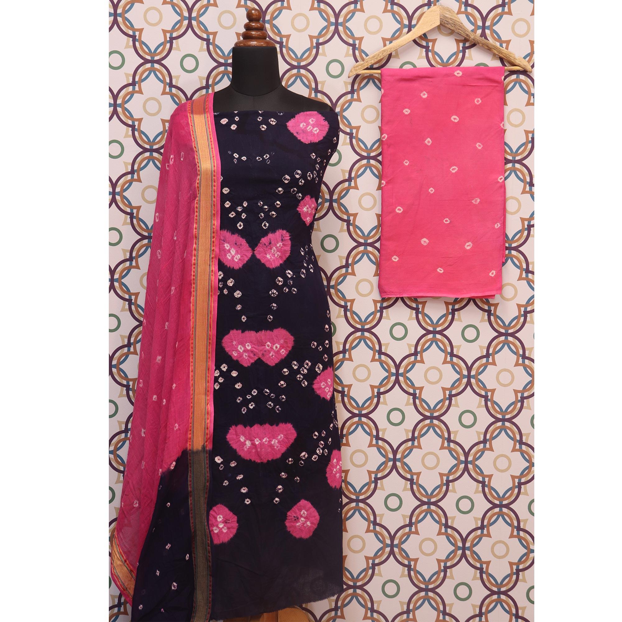 Navy Blue Casual Wear Bandhej And Woven Pure Cotton Dress Material - Peachmode