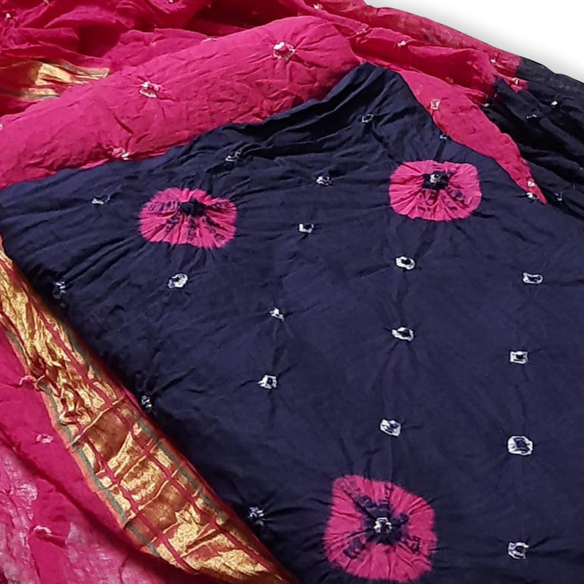 Navy Blue Casual Wear Bandhej And Woven Pure Cotton Dress Material - Peachmode