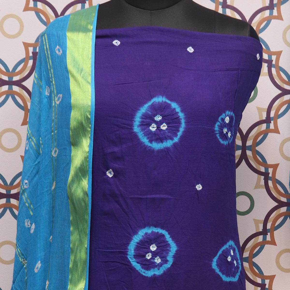 Navy Blue Casual Wear Bandhej And Woven Pure Cotton Dress Material - Peachmode