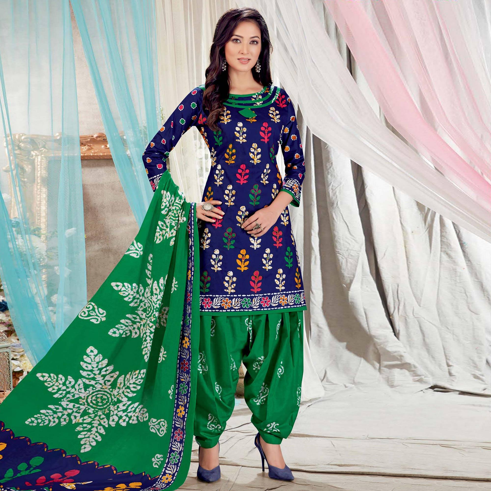 Navy Blue Casual Wear Batik Printed Cotton Patiala Dress Material - Peachmode