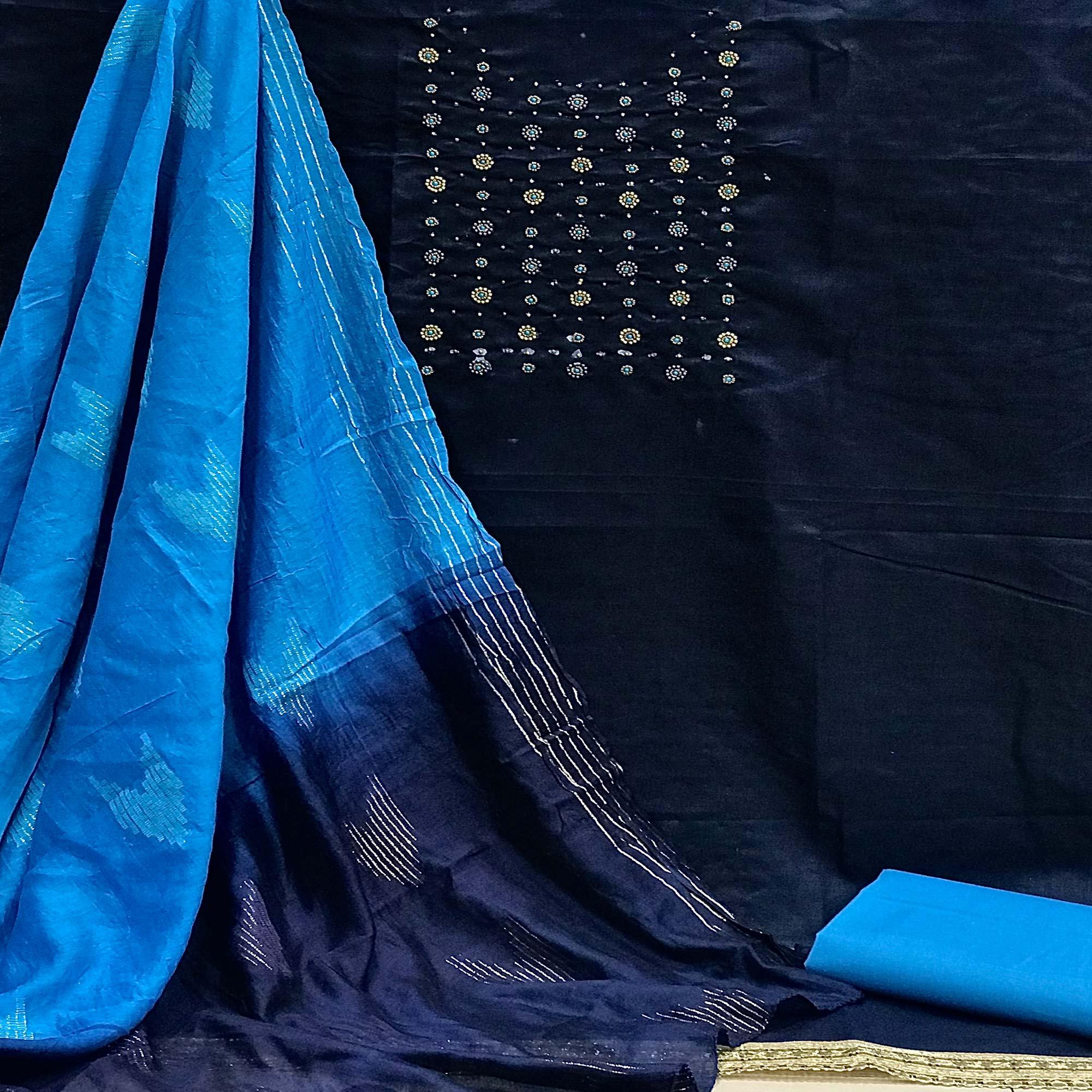 Navy Blue Casual Wear Beads Handwork Pure Cotton Dress Material - Peachmode