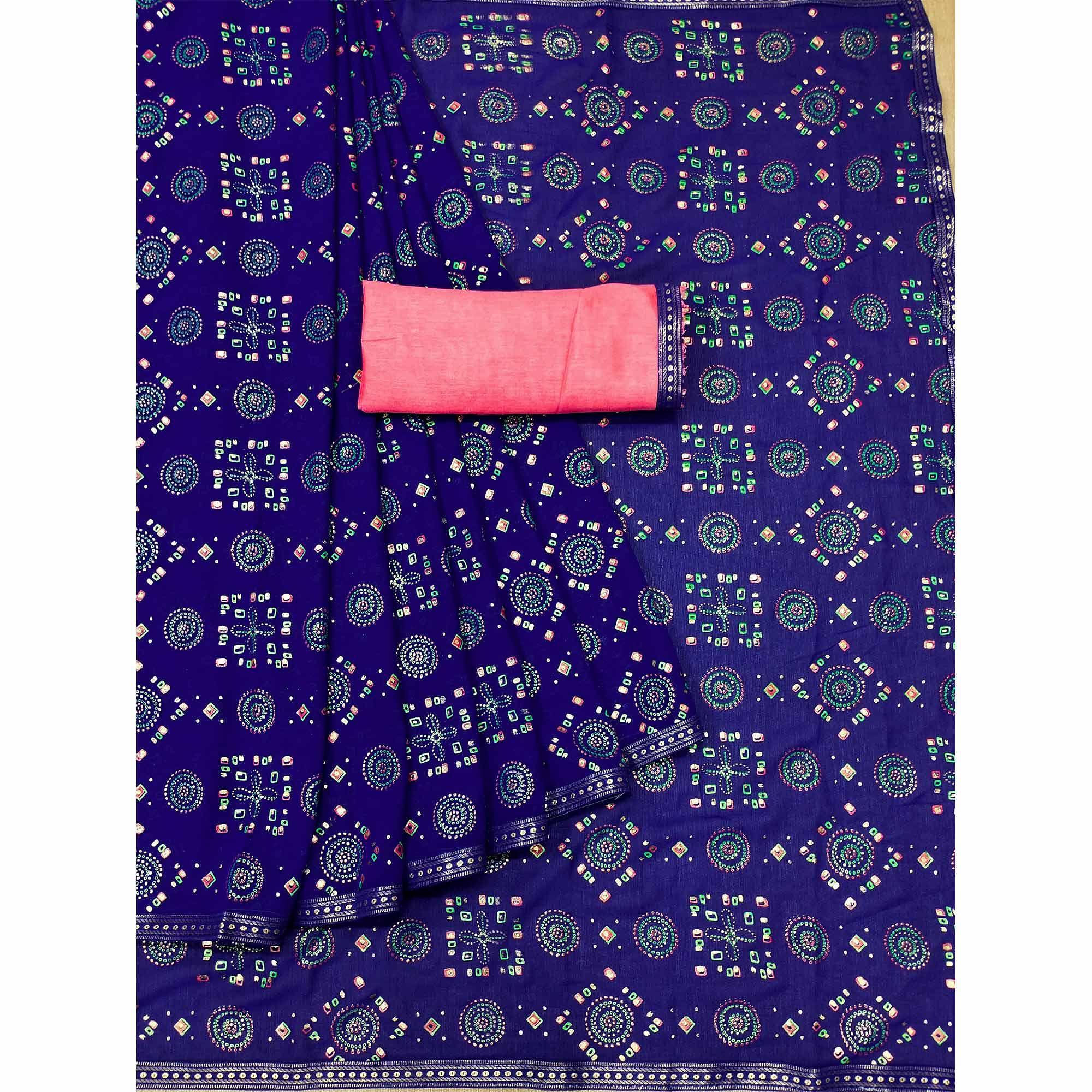 Navy blue Casual Wear Block Printed With Foil Work Georgette Saree - Peachmode