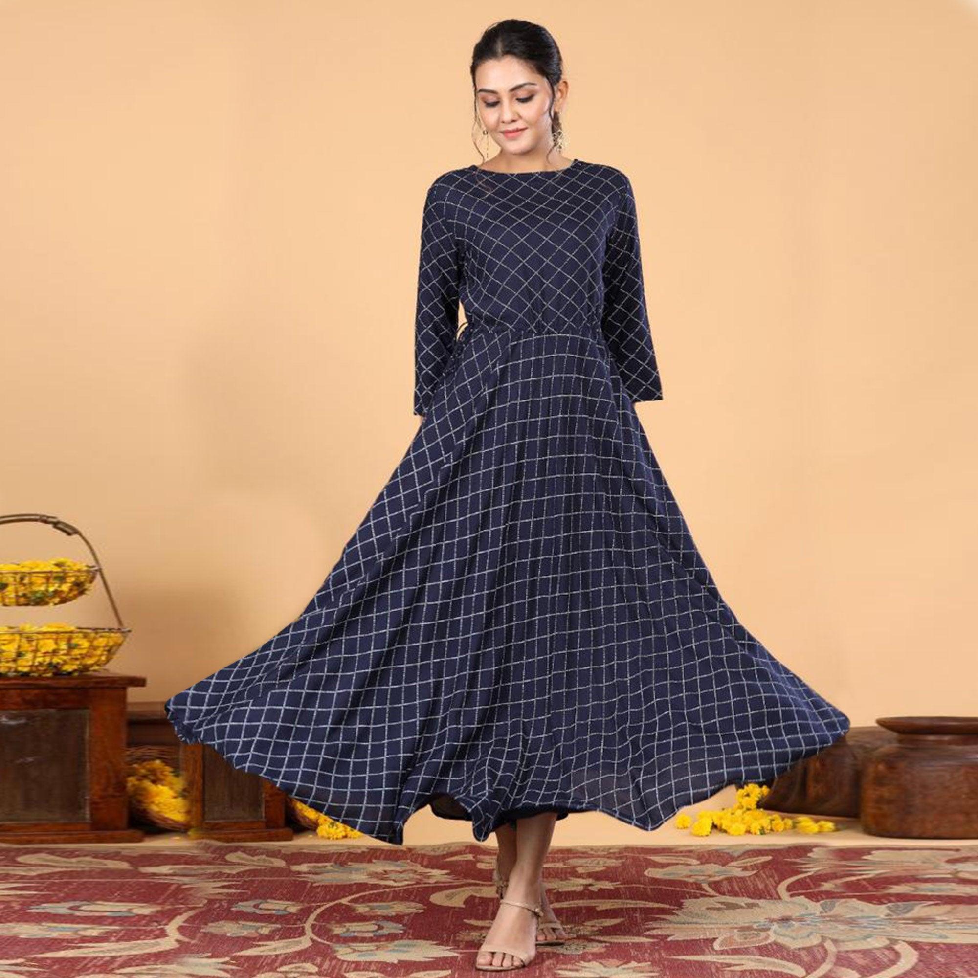 Navy Blue Casual Wear Checks Printed Rayon Long Kurti - Peachmode
