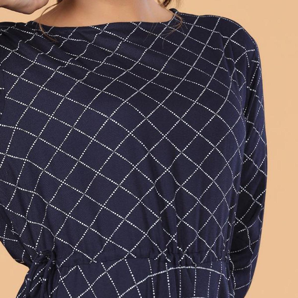 Navy Blue Casual Wear Checks Printed Rayon Long Kurti - Peachmode