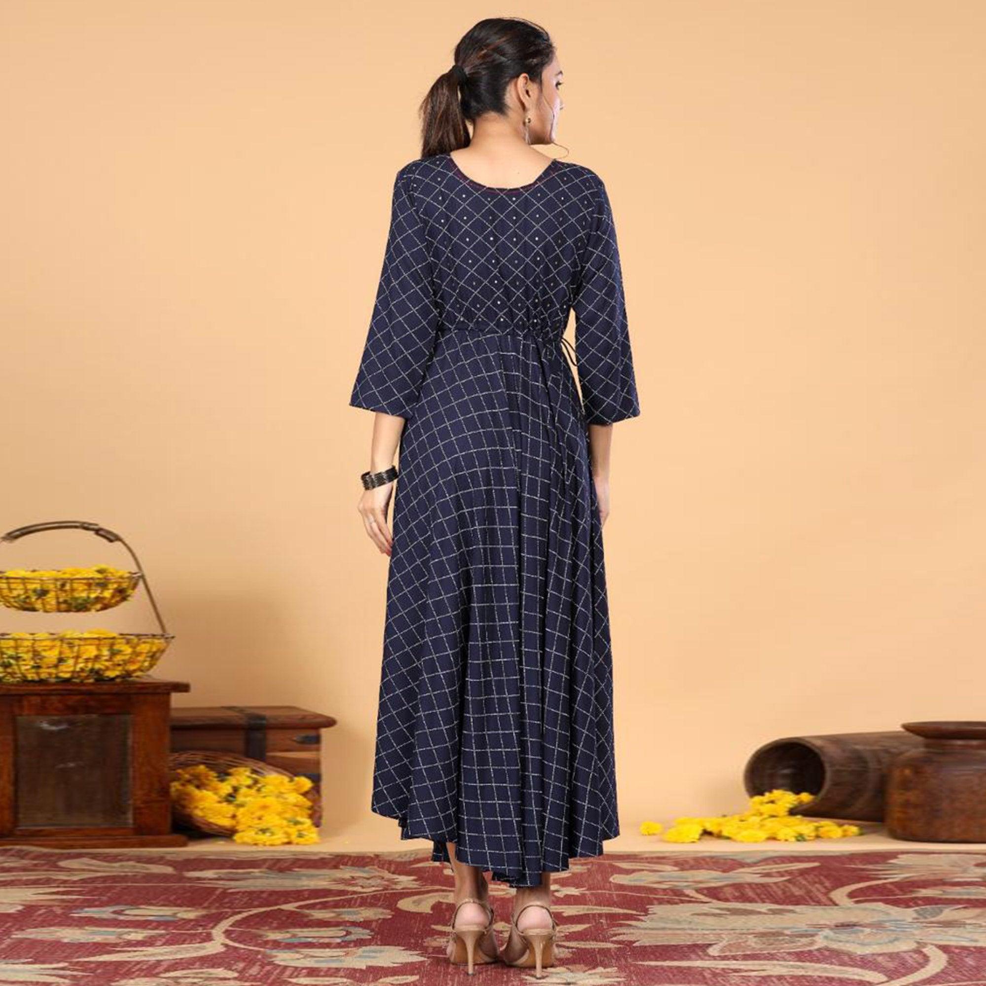 Navy Blue Casual Wear Checks Printed Rayon Long Kurti - Peachmode