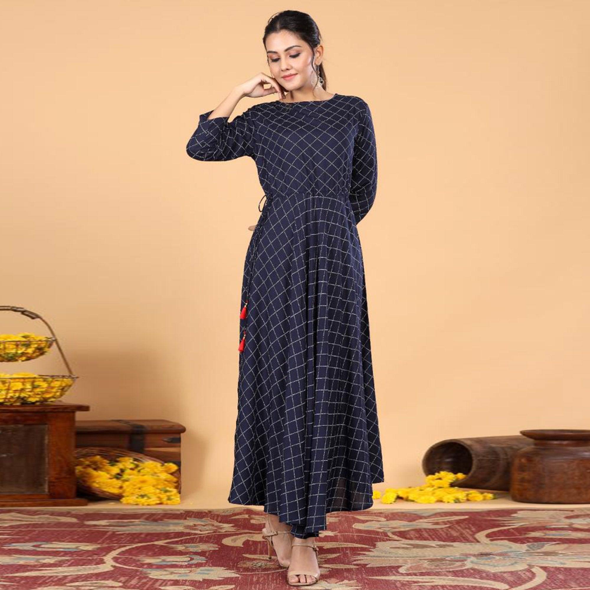 Navy Blue Casual Wear Checks Printed Rayon Long Kurti - Peachmode