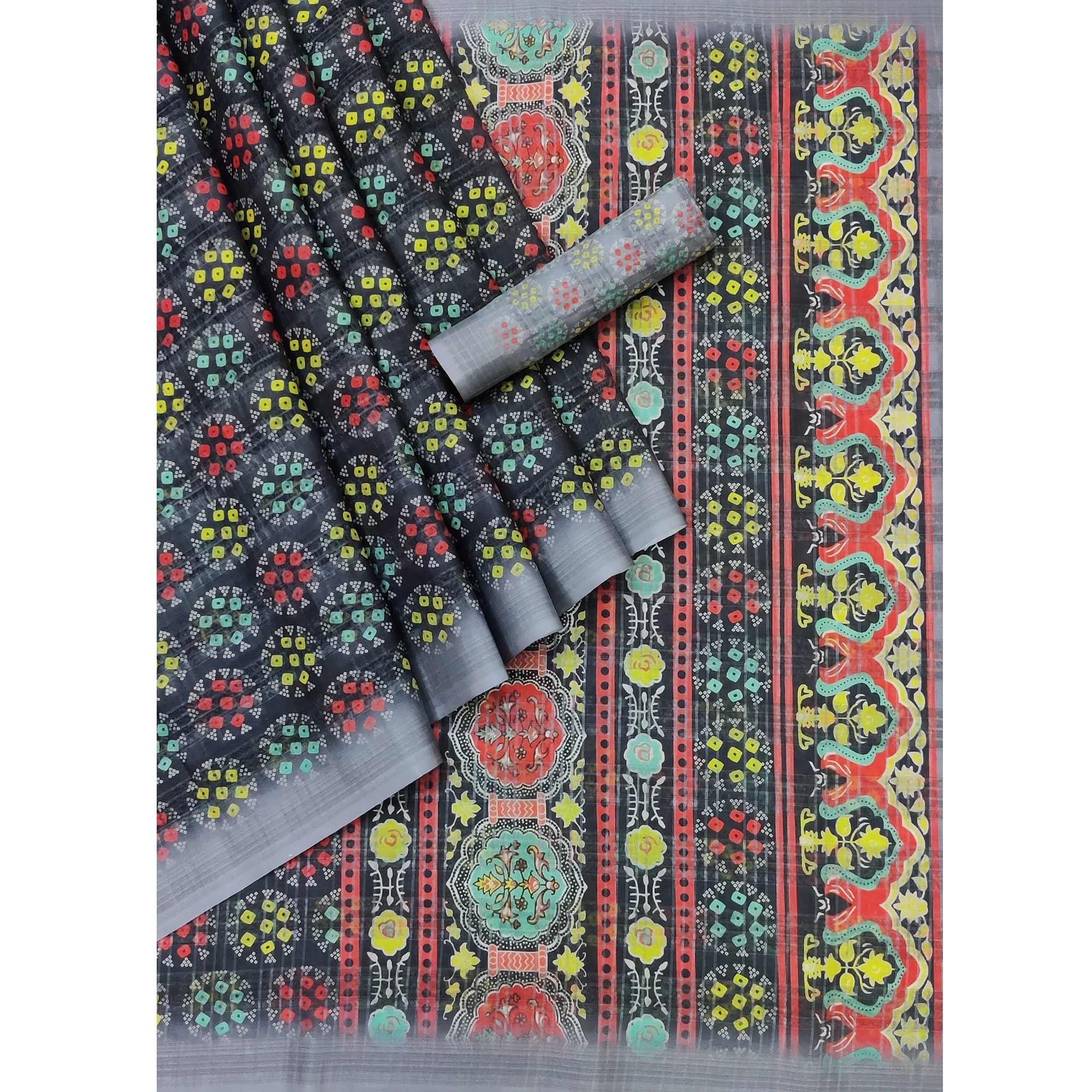Navy Blue Casual Wear Digital Printed Silk Saree With Jacquard Border - Peachmode