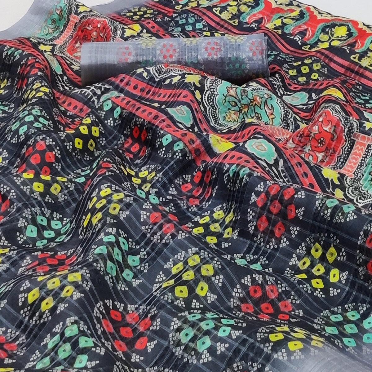 Navy Blue Casual Wear Digital Printed Silk Saree With Jacquard Border - Peachmode