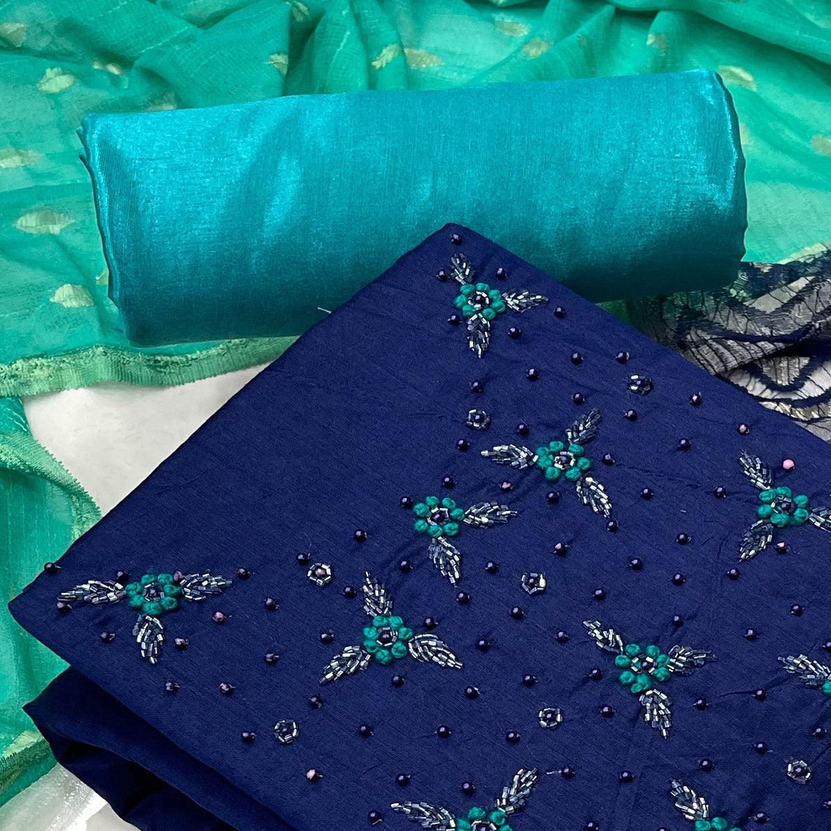 Navy Blue Casual Wear Embellished Modal Silk Dress Material - Peachmode