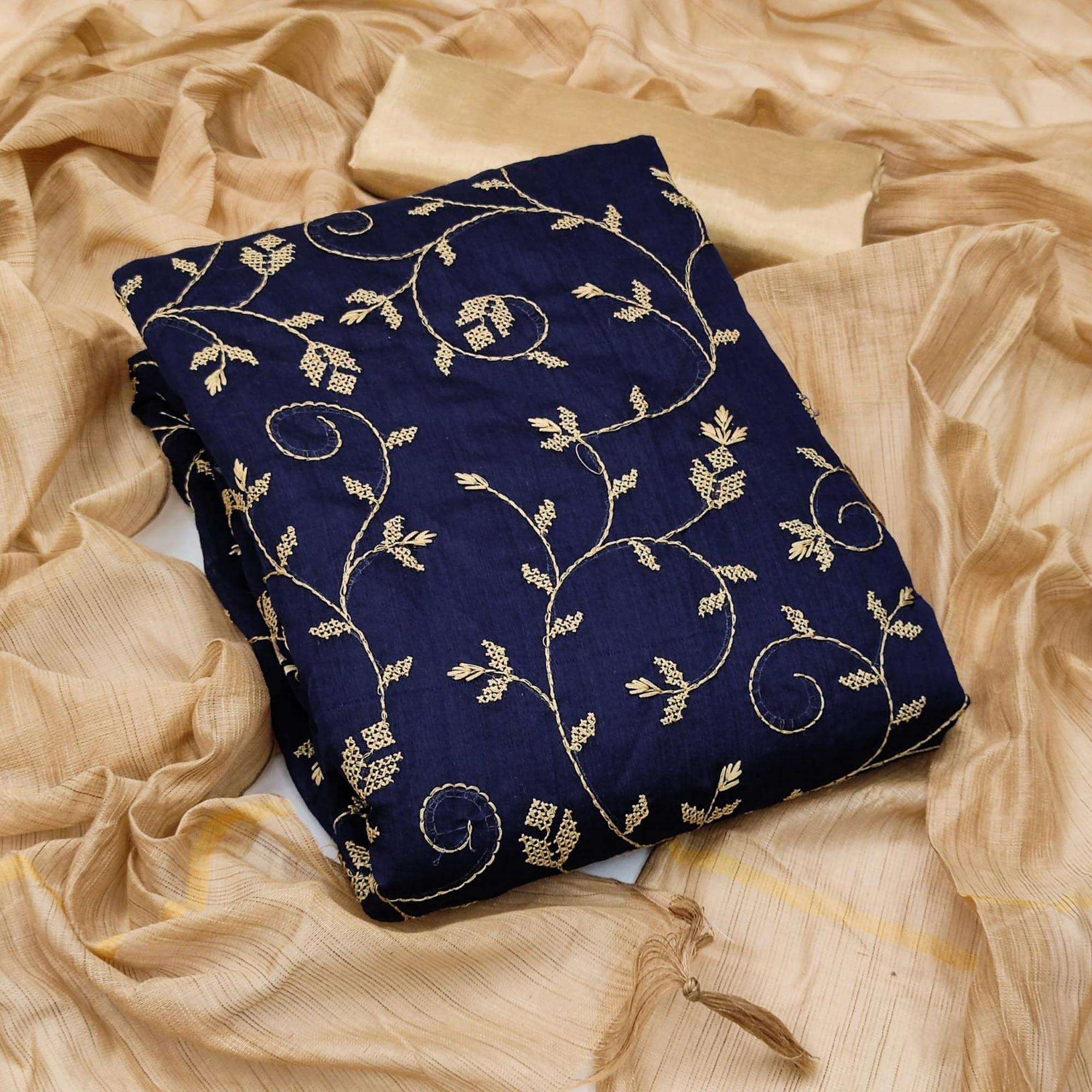 Navy Blue Casual Wear Embroidered Chanderi Dress Material - Peachmode