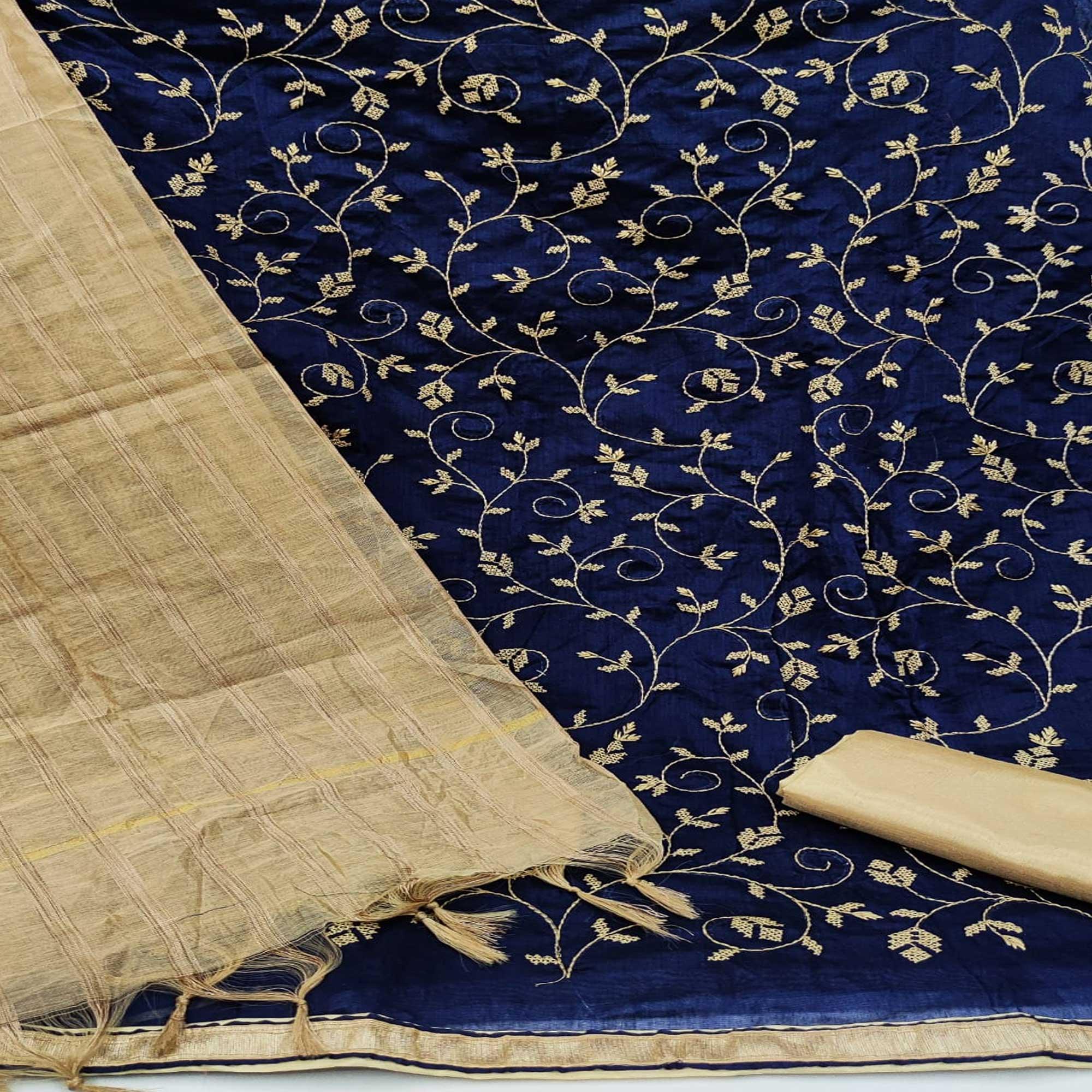 Navy Blue Casual Wear Embroidered Chanderi Dress Material - Peachmode