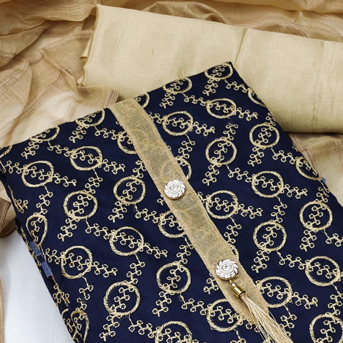 Navy Blue Casual Wear Embroidered Chanderi Dress Material - Peachmode