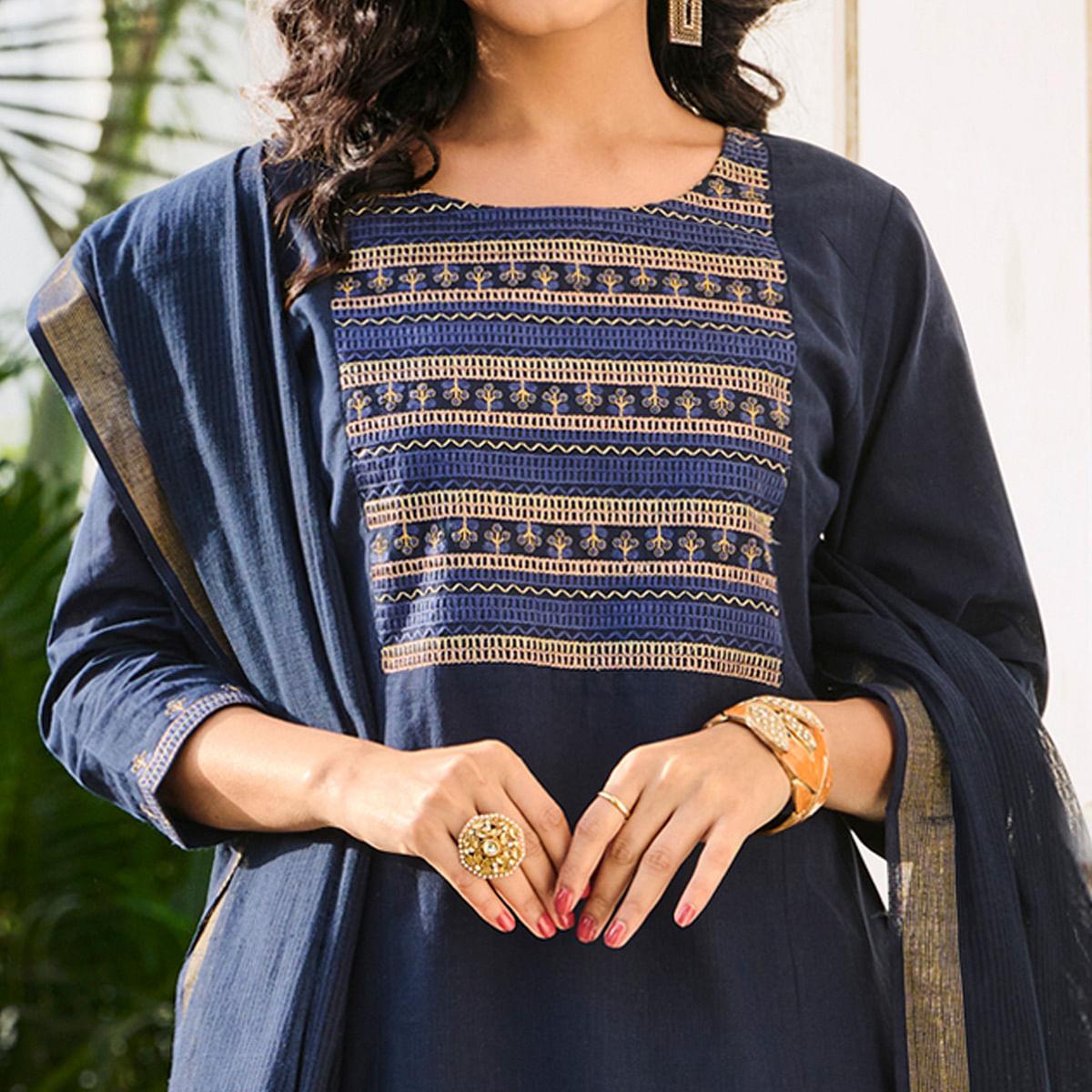 Navy Blue Casual Wear Embroidered Cotton Kurti Pant Set With Dupatta - Peachmode