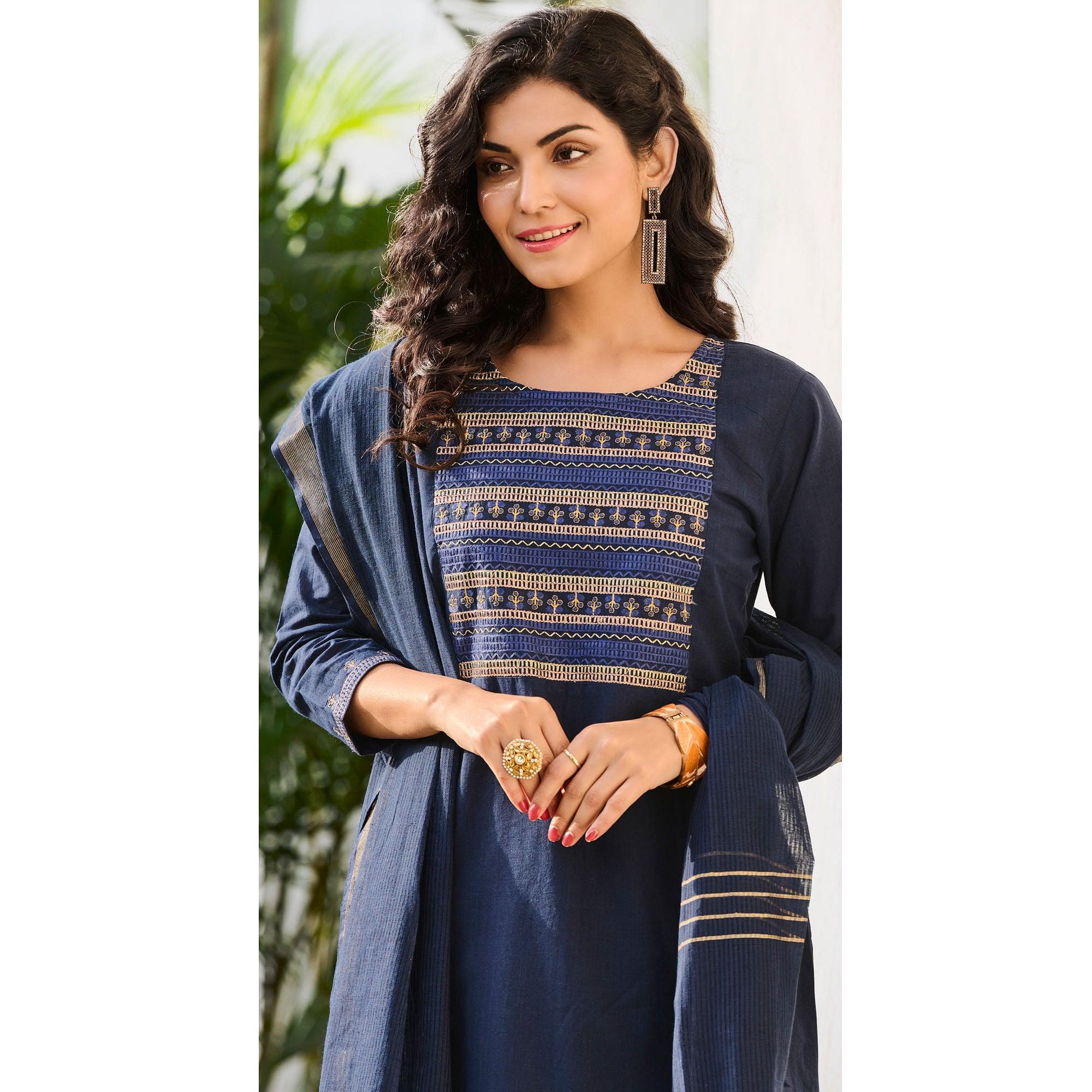 Navy Blue Casual Wear Embroidered Cotton Kurti Pant Set With Dupatta - Peachmode