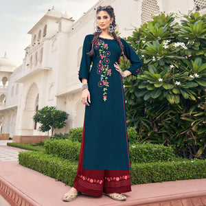 Navy Blue Casual Wear Embroidered Heavy Rayon Kurti - Palazzo Set - Peachmode