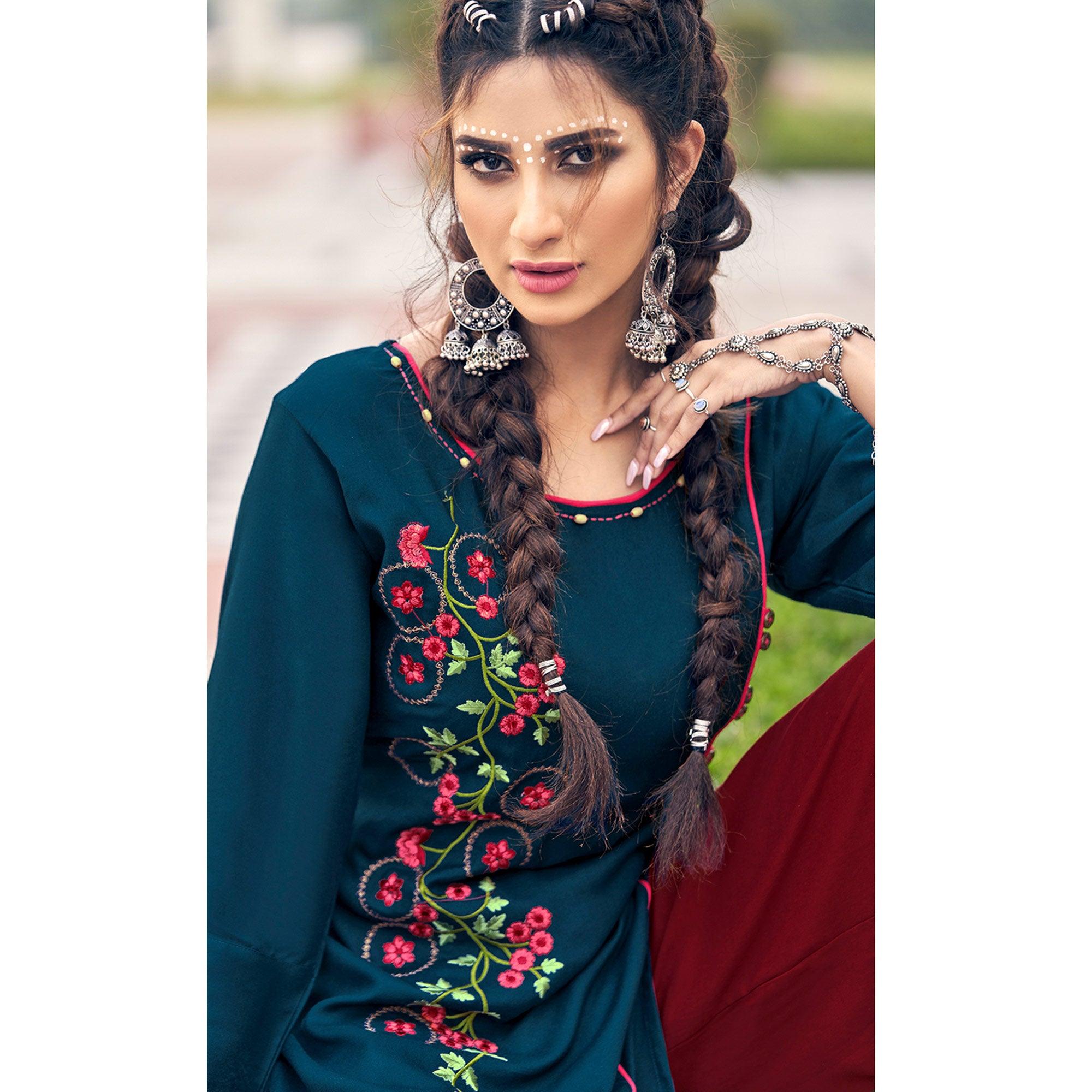 Navy Blue Casual Wear Embroidered Heavy Rayon Kurti - Palazzo Set - Peachmode