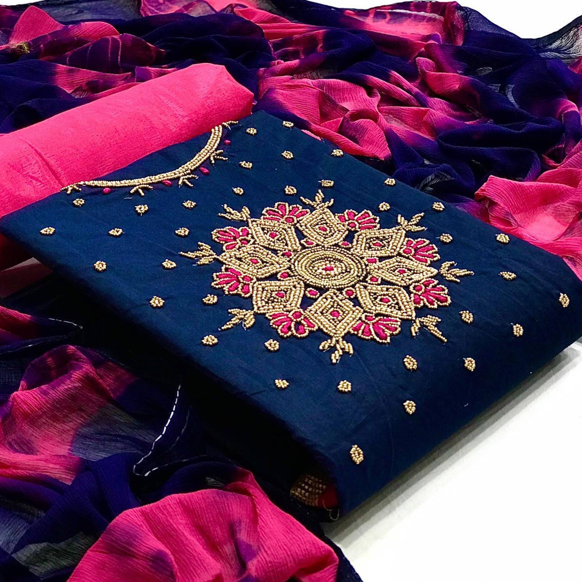 Navy Blue Casual Wear Embroidered Modal Dress Material - Peachmode