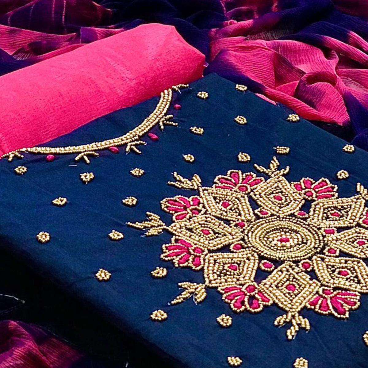 Navy Blue Casual Wear Embroidered Modal Dress Material - Peachmode