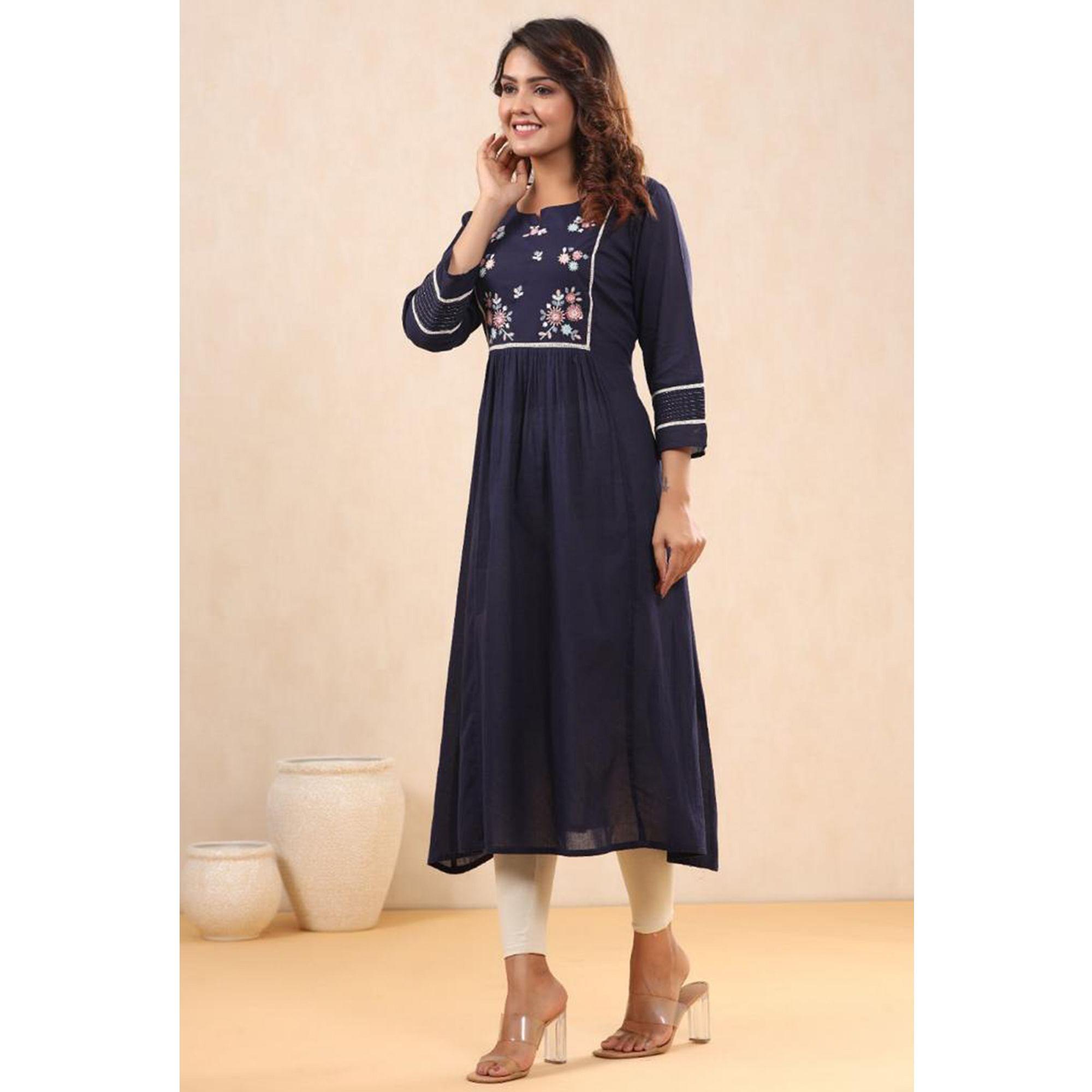 Navy Blue Casual Wear Embroidered Pure Cotton Kurti - Peachmode