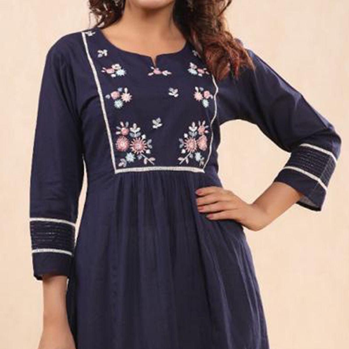 Navy Blue Casual Wear Embroidered Pure Cotton Kurti - Peachmode