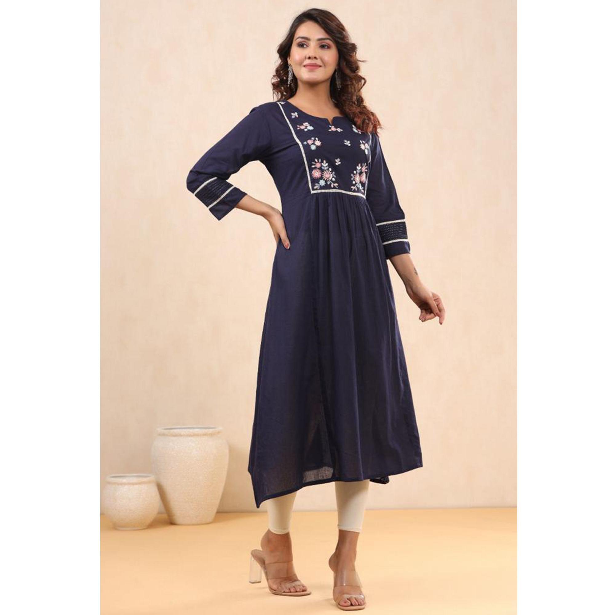Navy Blue Casual Wear Embroidered Pure Cotton Kurti - Peachmode