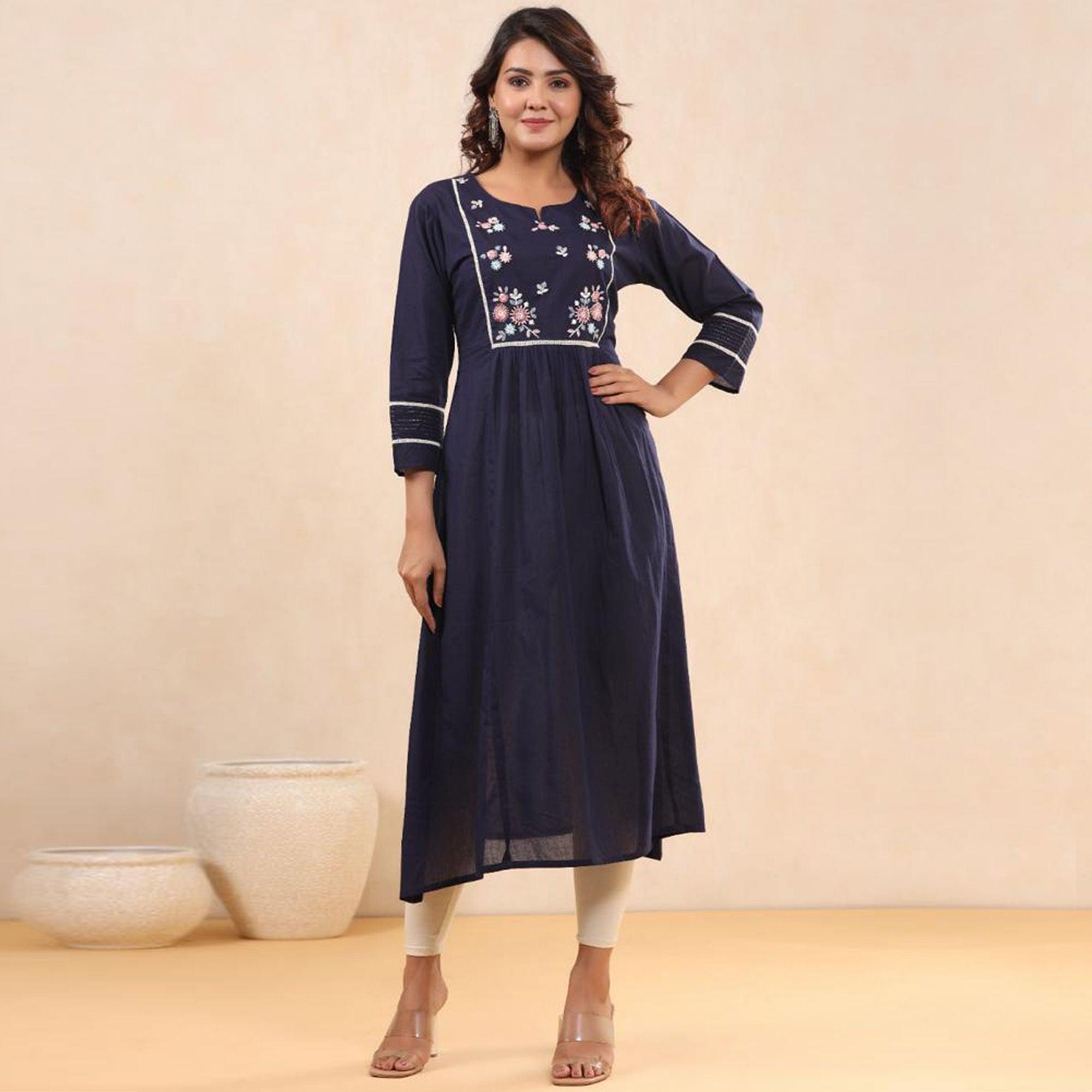 Navy Blue Casual Wear Embroidered Pure Cotton Kurti - Peachmode