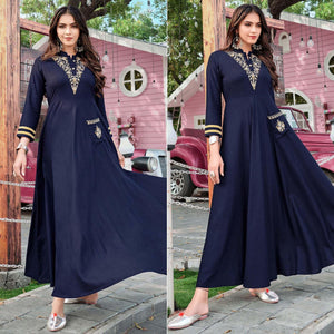 Navy Blue Casual Wear Embroidered Rayon Gown - Peachmode