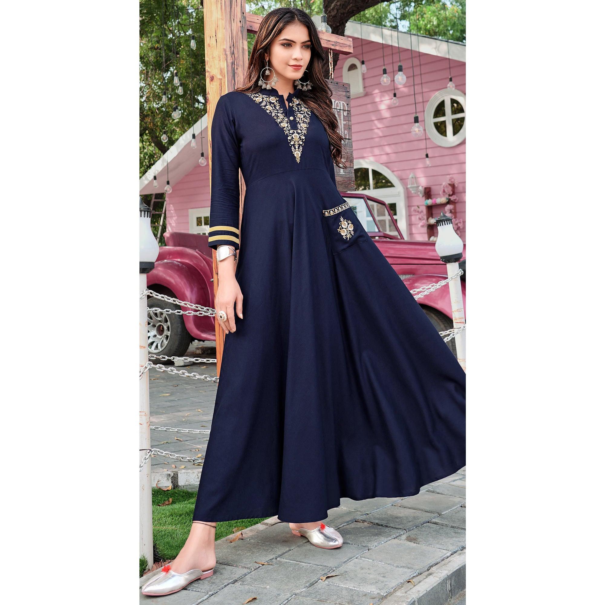 Navy Blue Casual Wear Embroidered Rayon Gown - Peachmode
