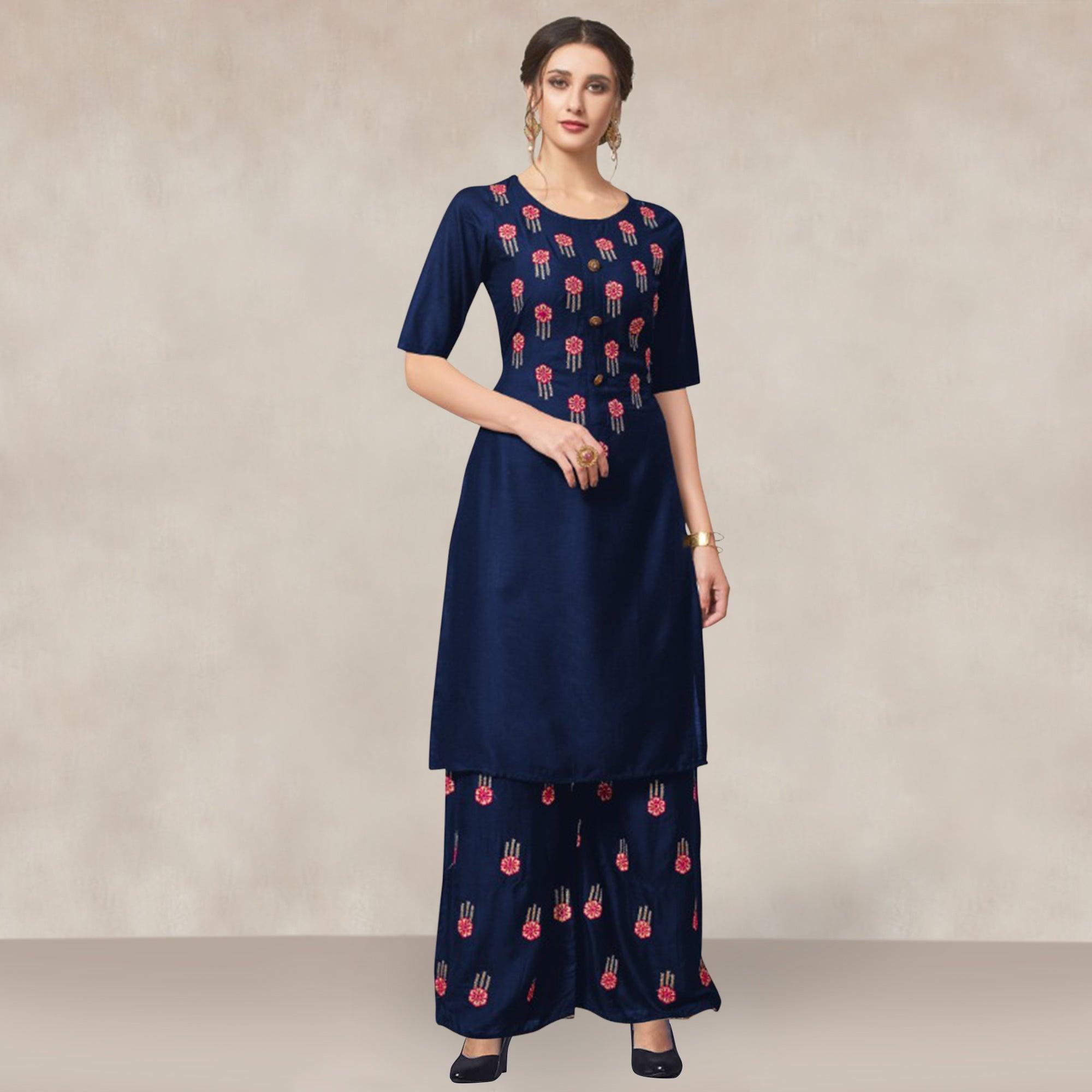 Navy Blue Casual Wear Embroidered Rayon Kurti-Palazzo Set - Peachmode