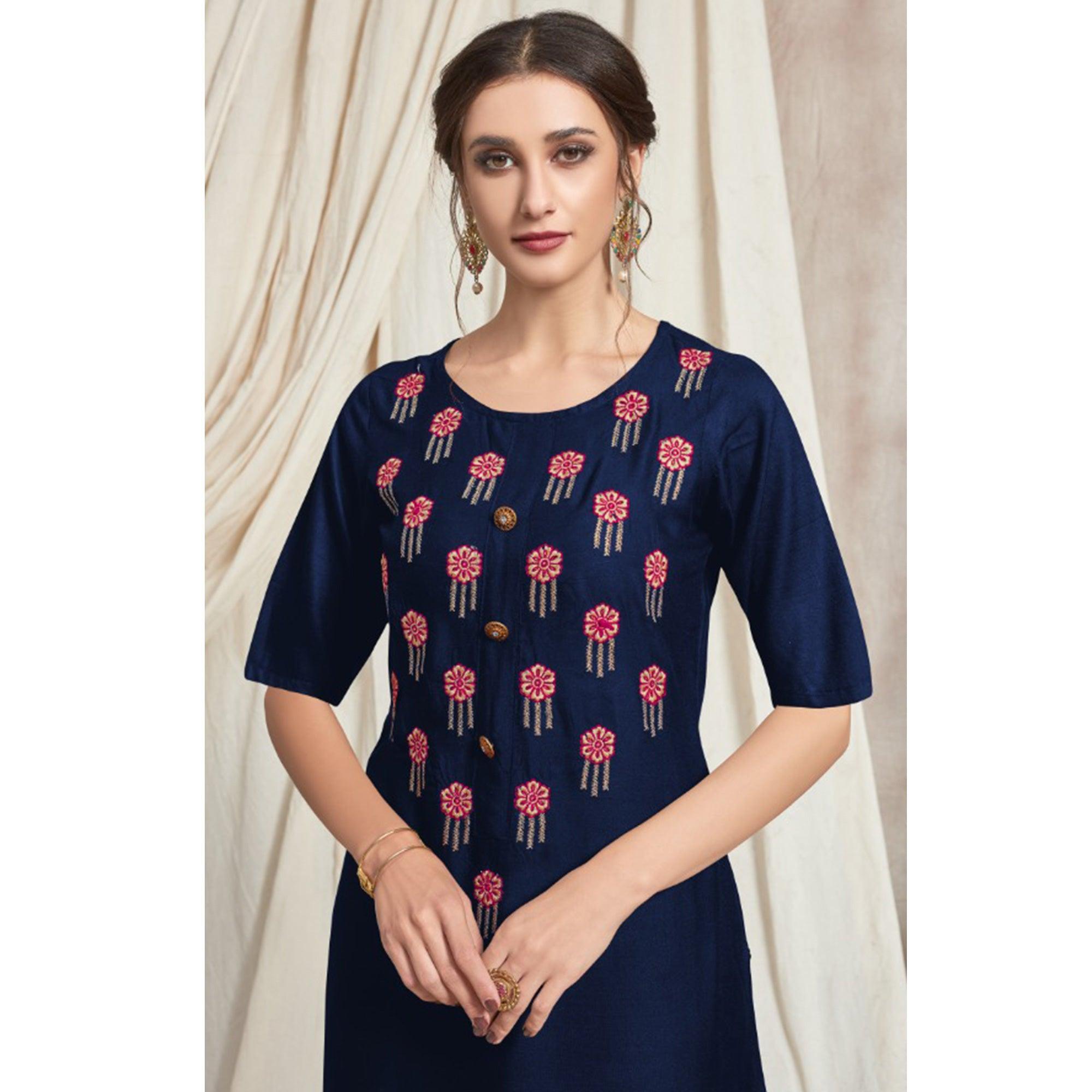Navy Blue Casual Wear Embroidered Rayon Kurti-Palazzo Set - Peachmode