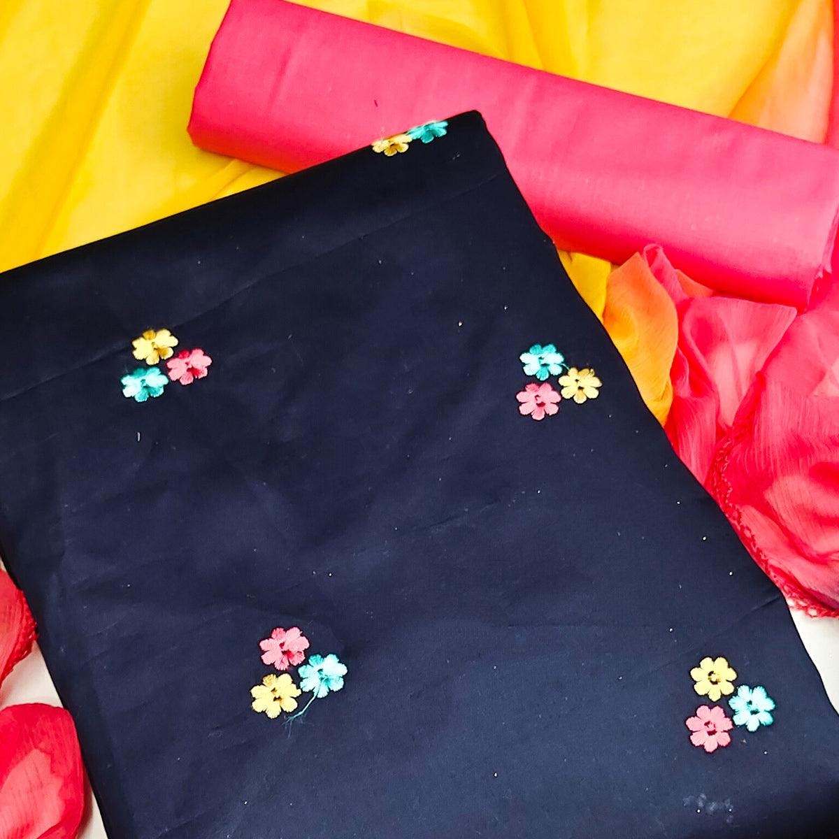 Navy Blue Casual Wear Floral Embroidered Jam Silk Dress Material - Peachmode