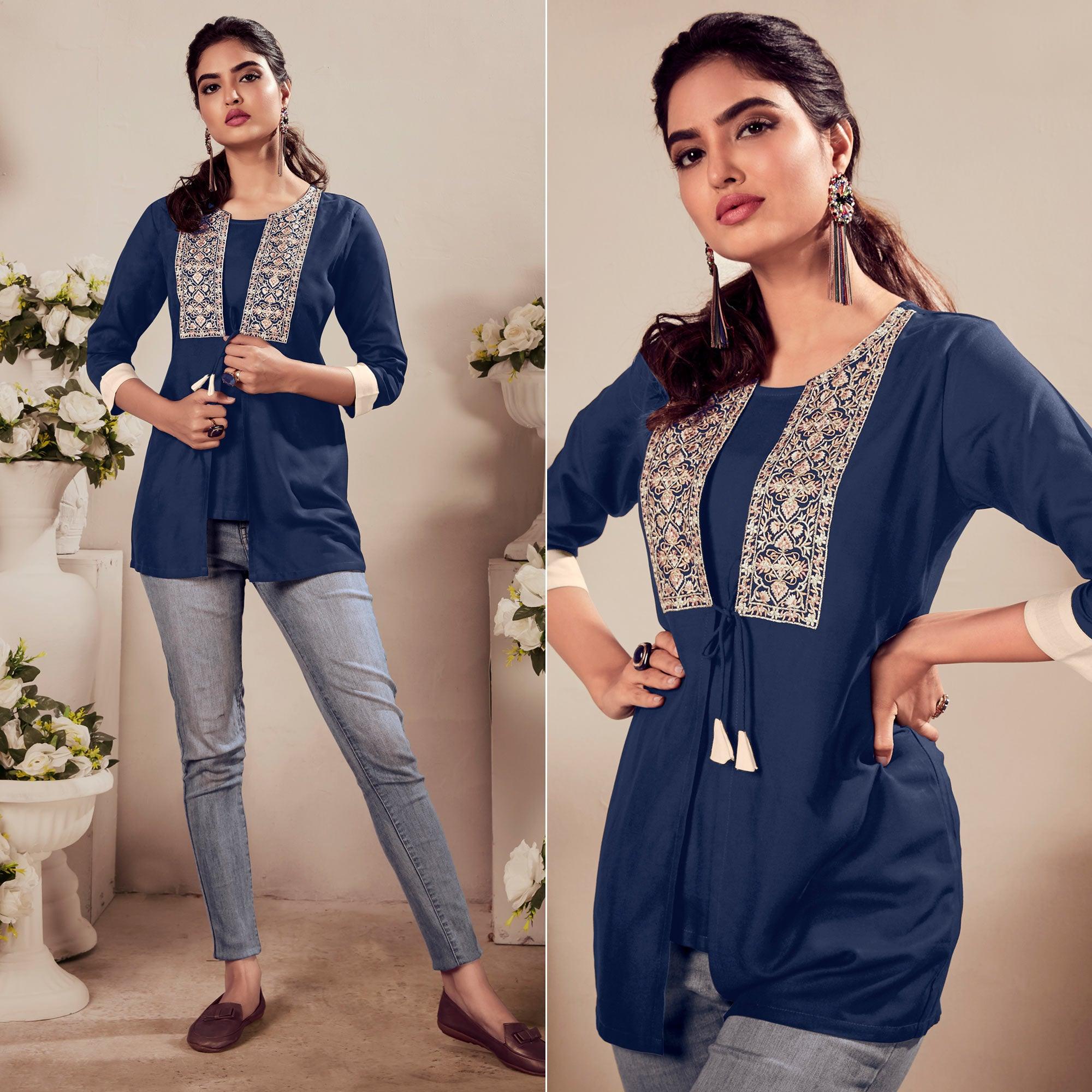Navy Blue Casual Wear Floral Embroidered Rayon Top - Peachmode