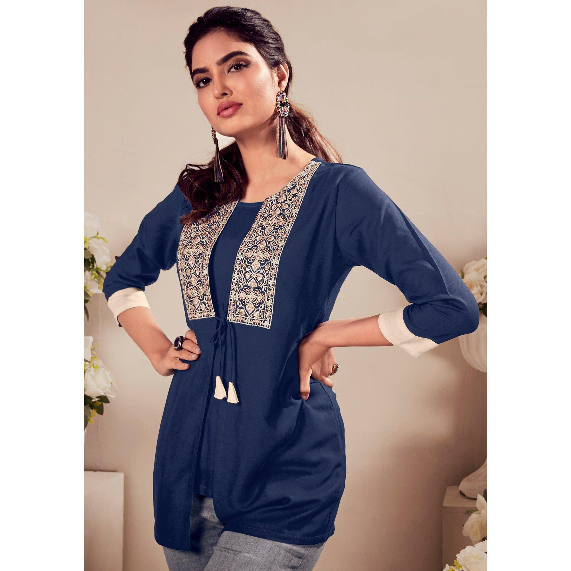 Navy Blue Casual Wear Floral Embroidered Rayon Top - Peachmode